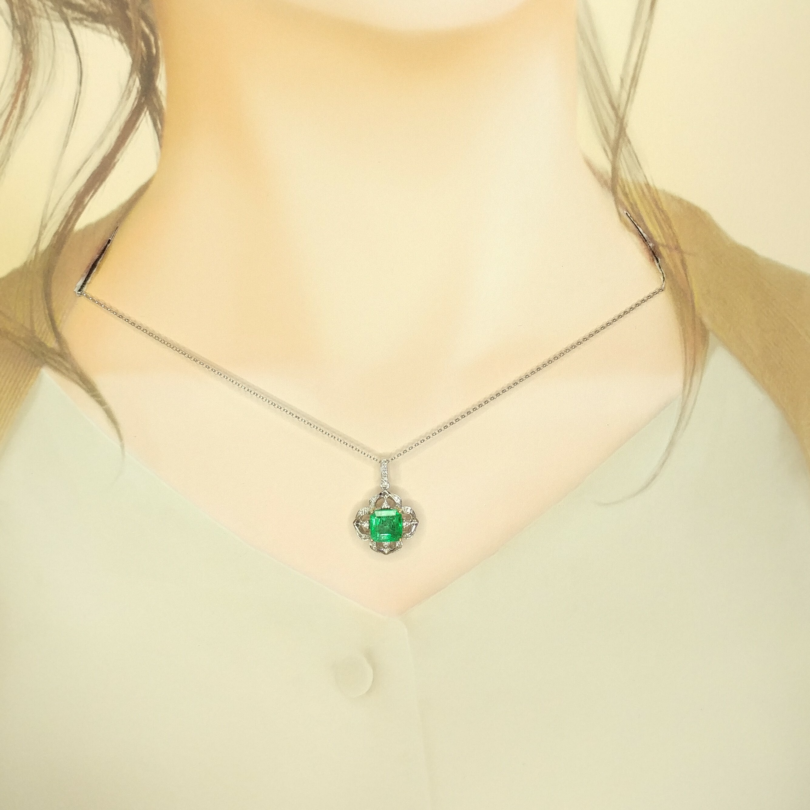 18K Gold 1.83ct Emerald and Diamond Pendant