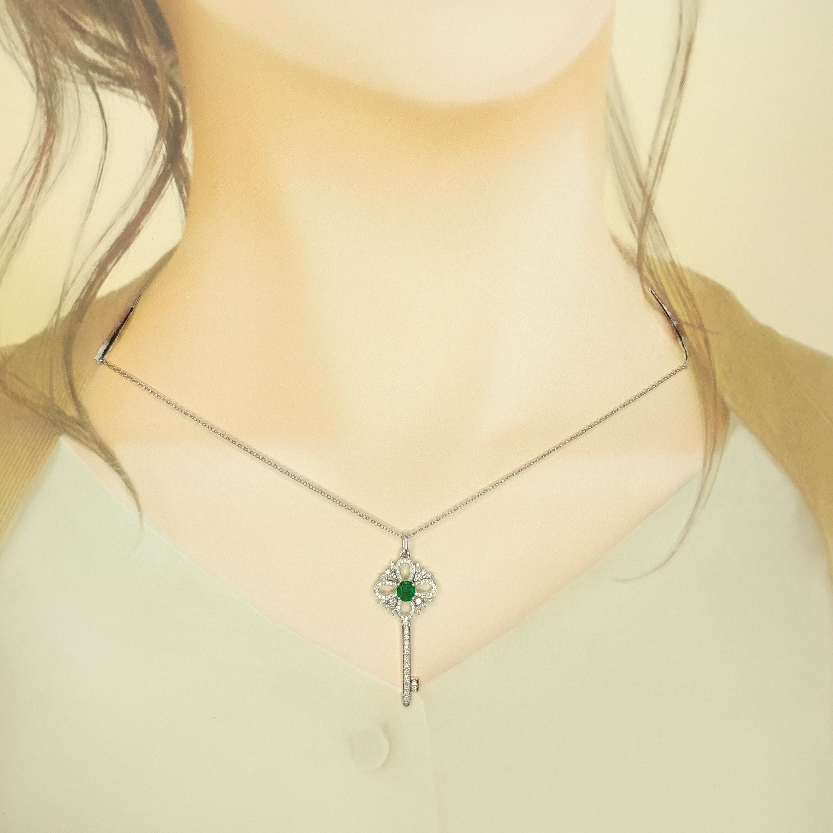 18K White Gold 0.41ct Emerald and Diamond Pendant