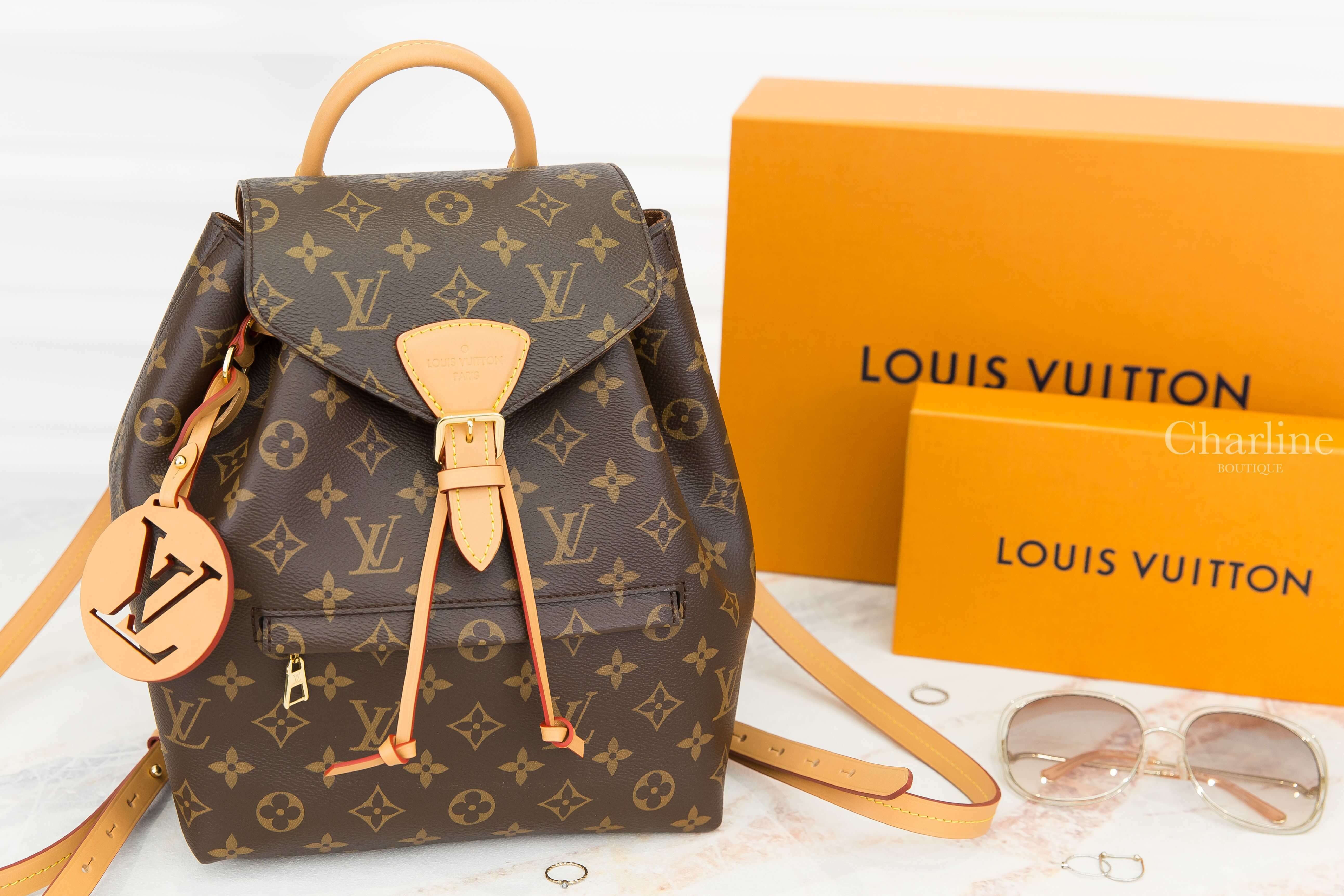 Louis Vuitton Montsouris PM 咖啡色老花帆布圓形簍空掛飾小型手提後背包