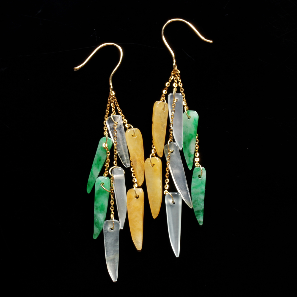 雨後春筍天然冰種三色翡翠耳環-水滴形-雅紅珠寶