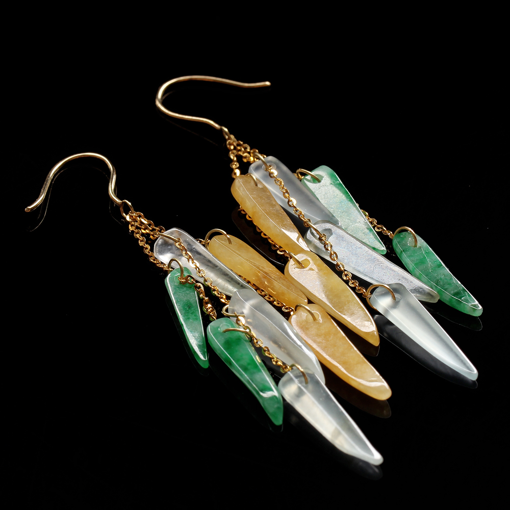 雨後春筍天然冰種三色翡翠耳環-水滴形-雅紅珠寶