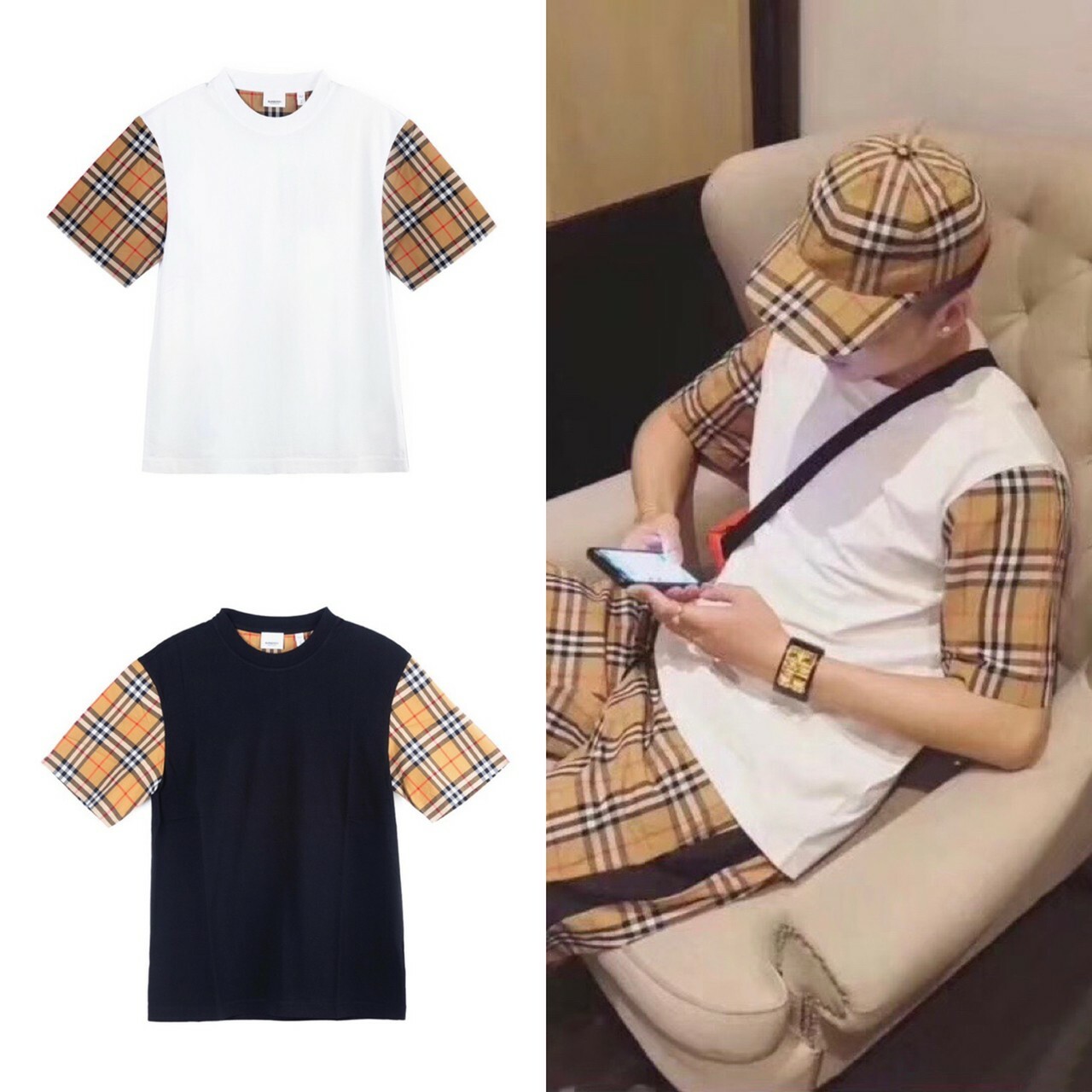 Burberry 經典款 雙袖格紋短袖 T 黑 白