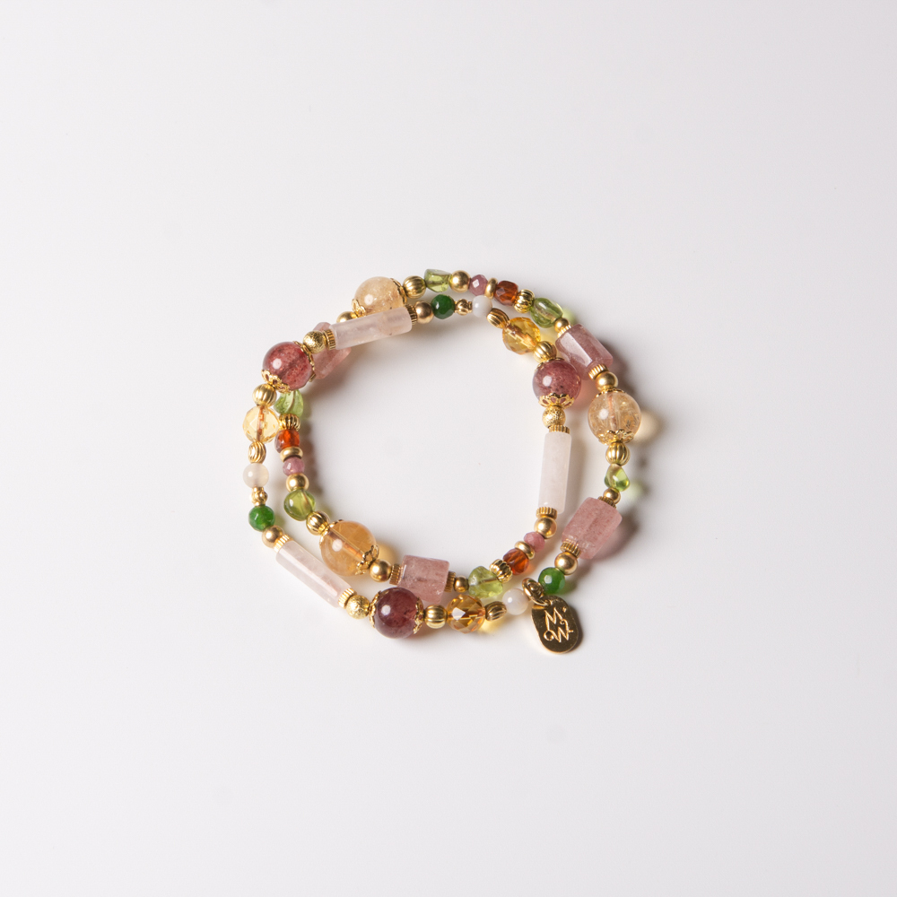 花下野餐趣｜草莓晶黃水晶粉晶雙圈手鍊 C1420