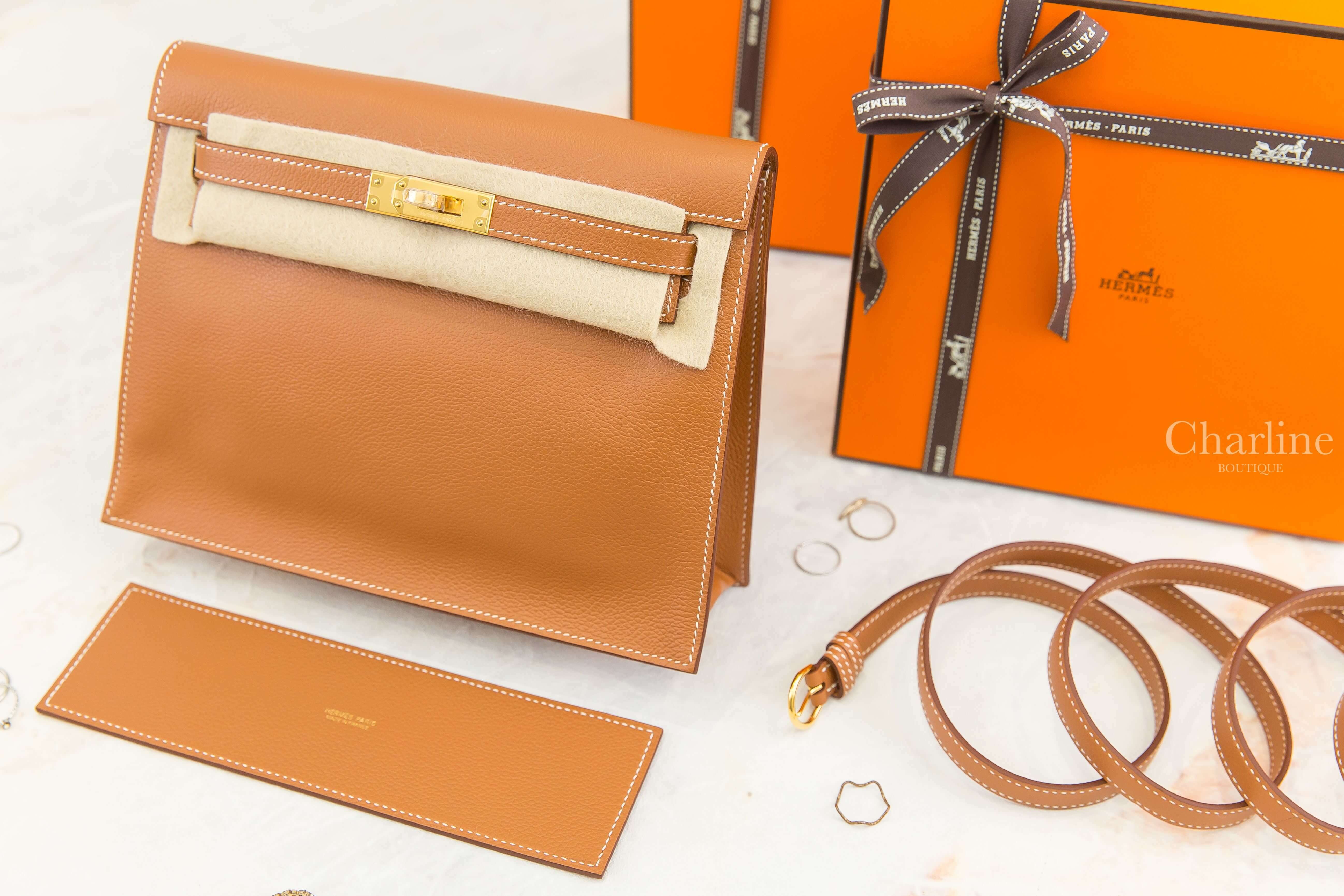 Hermès Kelly Danse 37 Gold Evercolor Z刻焦糖色金釦多用途凱莉包-Charline Boutique 精品代購