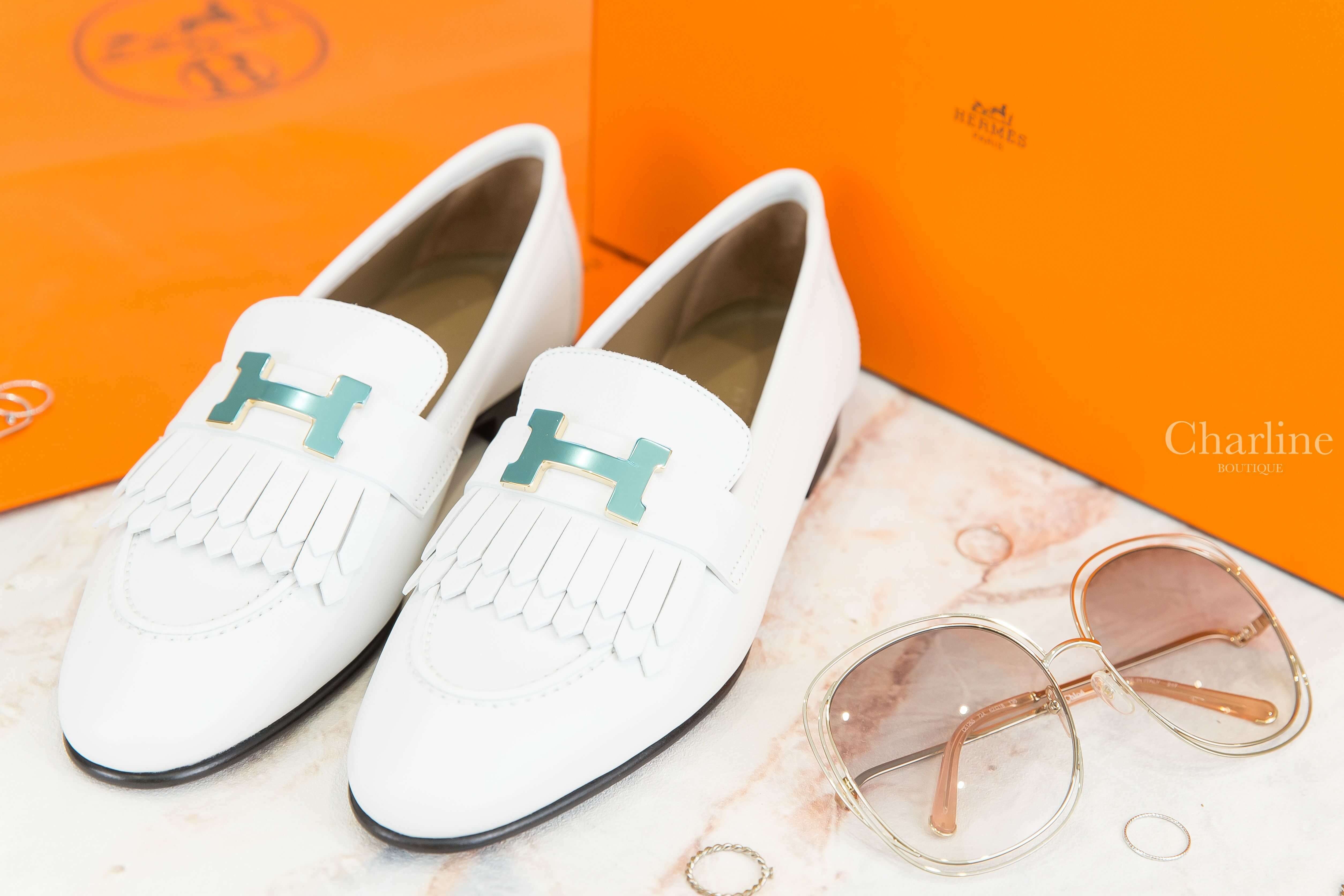 Hermès Royal Loafer 白色金釦H流蘇牛皮樂福鞋-Charline Boutique 精品代購