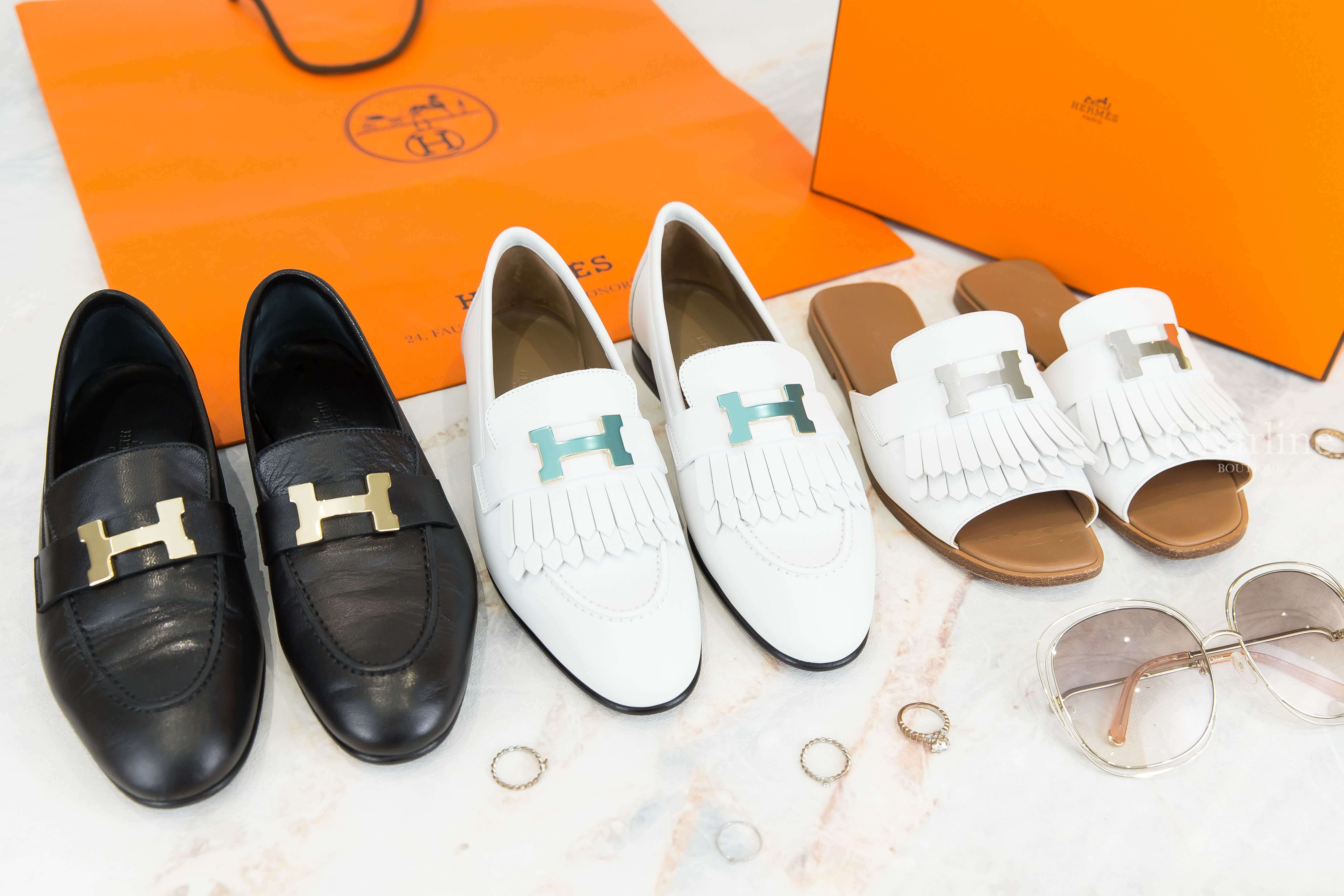 Hermès Royal Loafer 白色金釦H流蘇牛皮樂福鞋,Hermès Paris Loafer 黑色金釦H山羊皮樂福鞋,Hermès Auteuil Sandal 白色銀釦H流蘇小牛皮平底拖鞋-Charline Boutique 精品代購