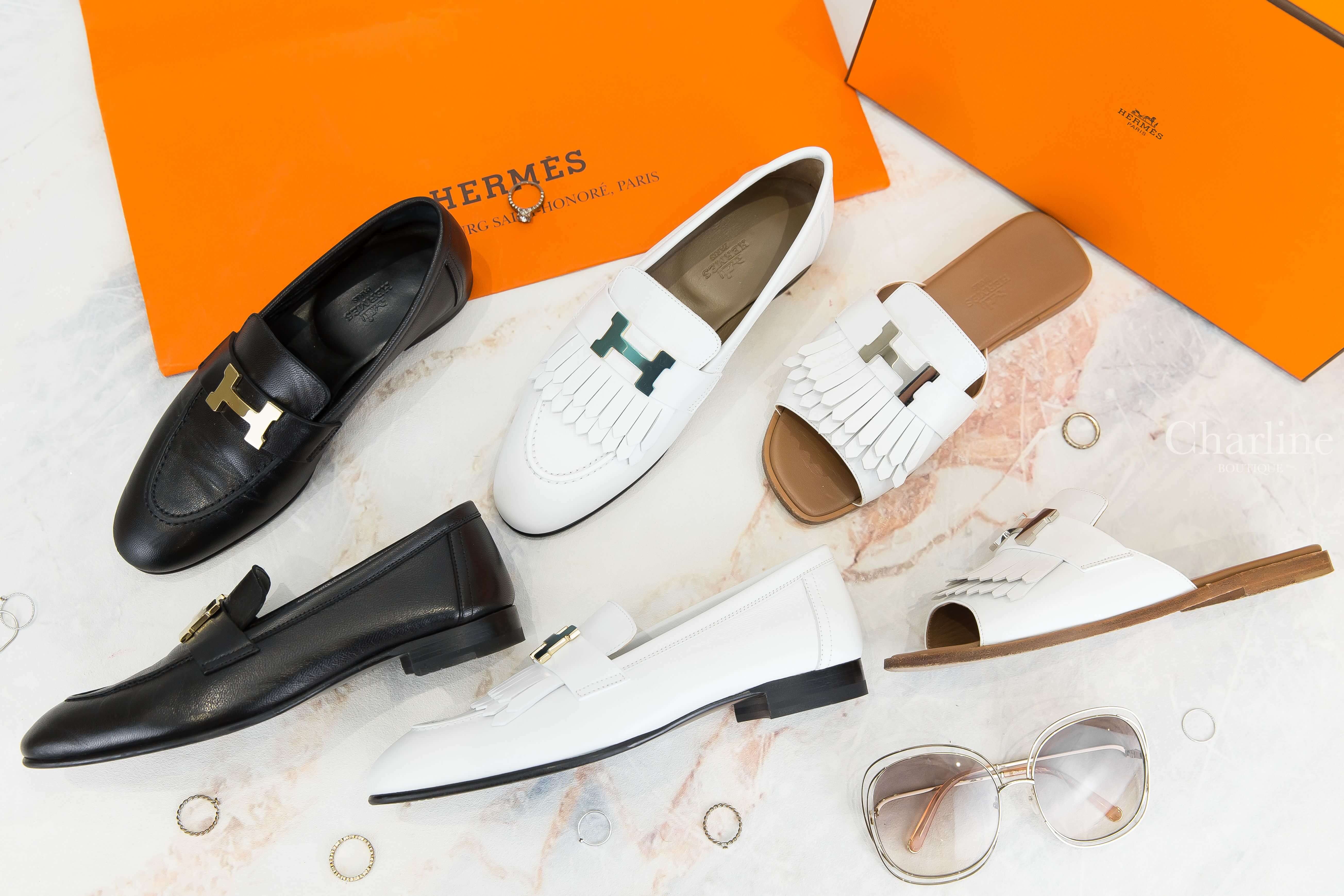 Hermès Royal Loafer 白色金釦H流蘇牛皮樂福鞋,Hermès Paris Loafer 黑色金釦H山羊皮樂福鞋,Hermès Auteuil Sandal 白色銀釦H流蘇小牛皮平底拖鞋-Charline Boutique 精品代購