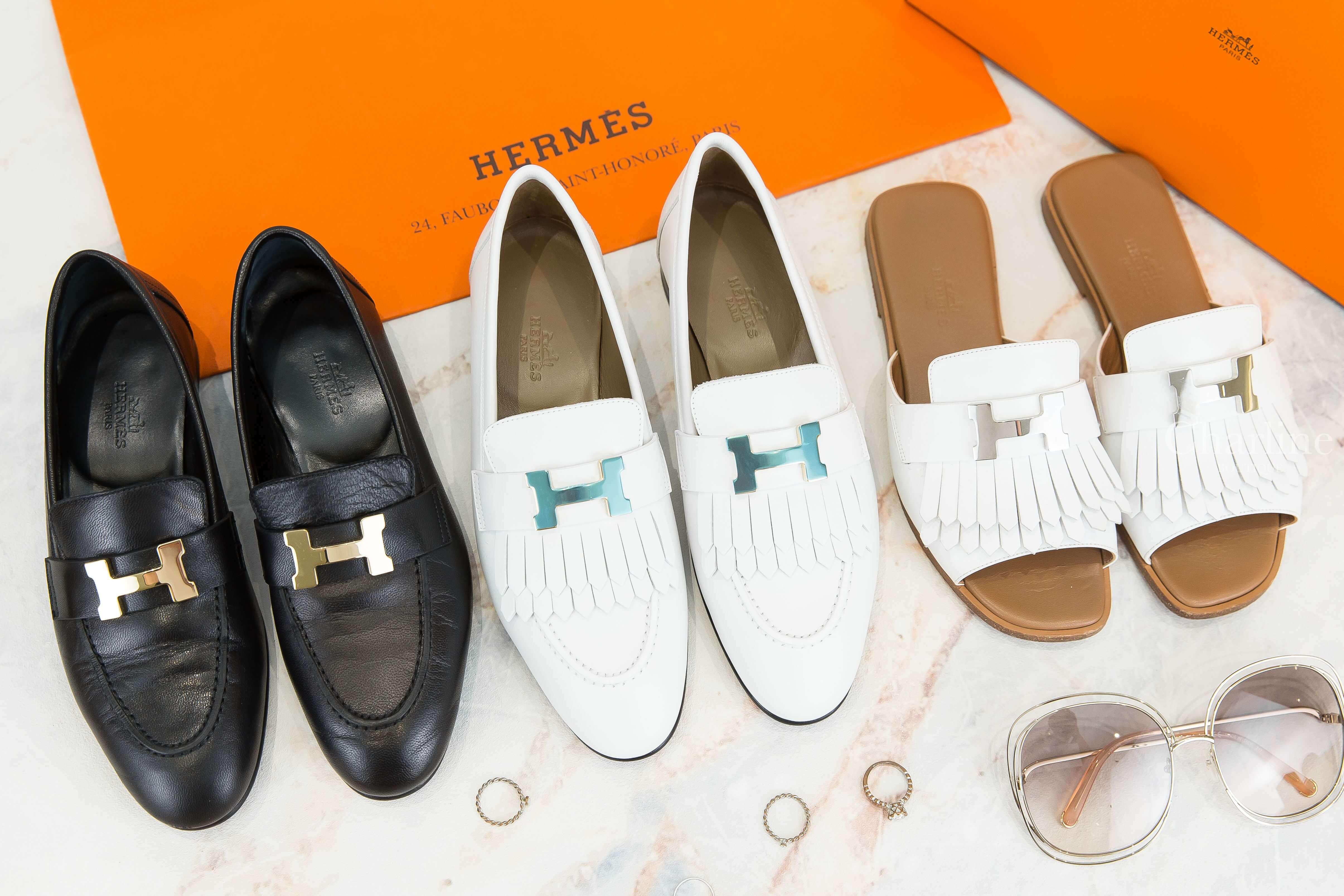 Hermès Royal Loafer 白色金釦H流蘇牛皮樂福鞋,Hermès Paris Loafer 黑色金釦H山羊皮樂福鞋,Hermès Auteuil Sandal 白色銀釦H流蘇小牛皮平底拖鞋-Charline Boutique 精品代購
