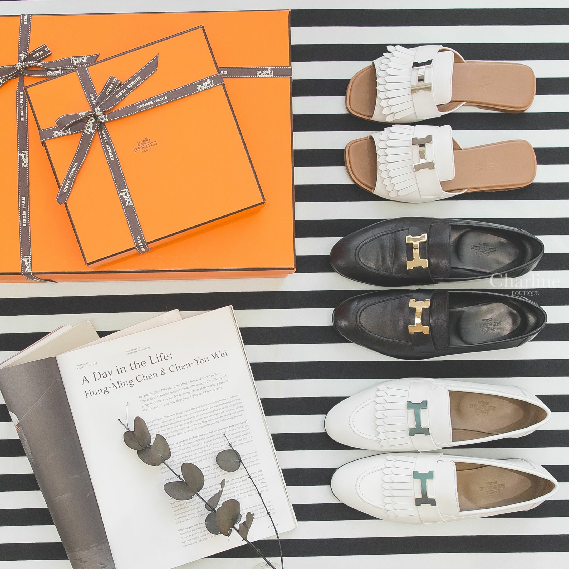 Hermès Royal Loafer 白色金釦H流蘇牛皮樂福鞋,Hermès Paris Loafer 黑色金釦H山羊皮樂福鞋,Hermès Auteuil Sandal 白色銀釦H流蘇小牛皮平底拖鞋-Charline Boutique 精品代購