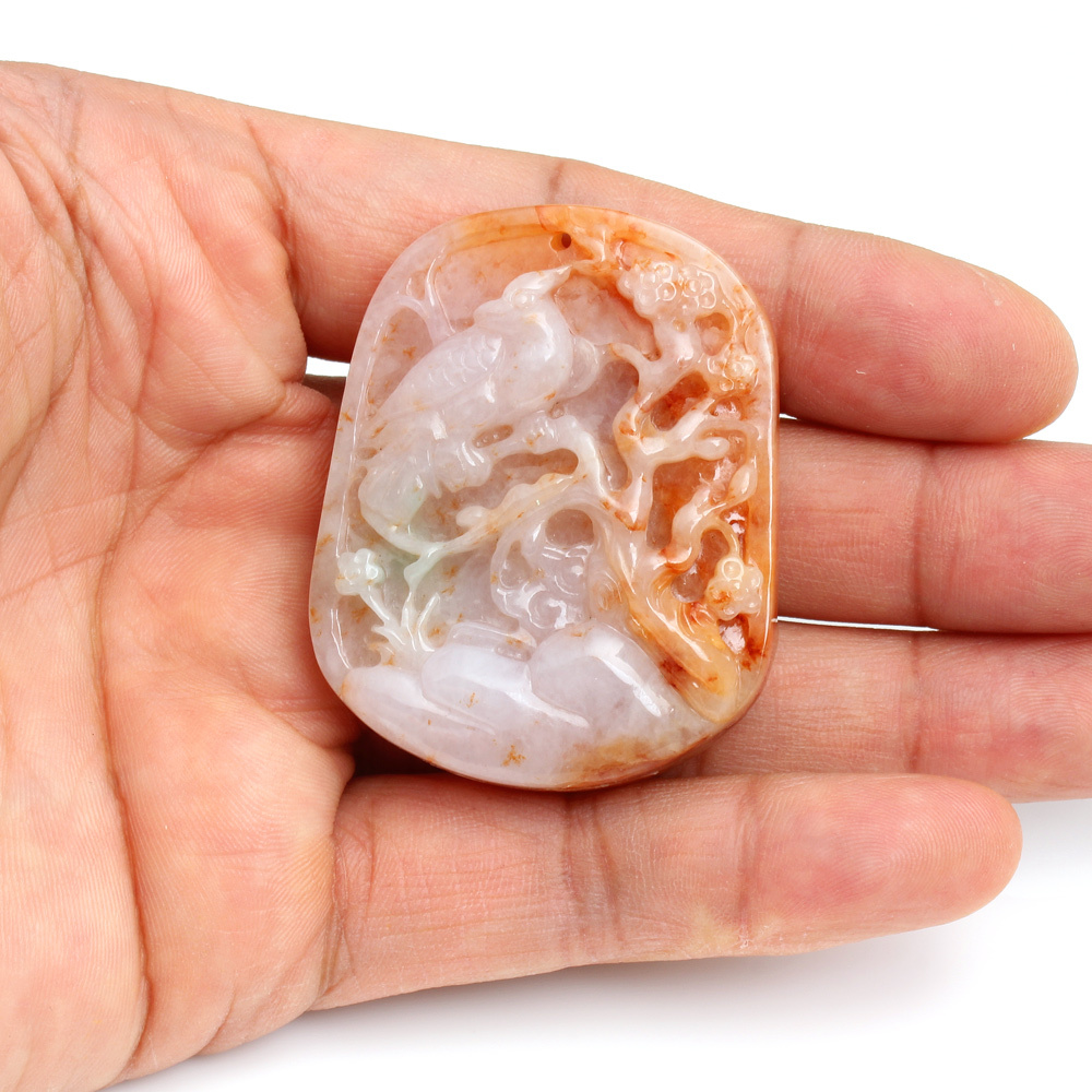 喜上眉梢天然紅翡翠玉墜項鍊-雞-喜雀-靈芝-雅紅珠寶