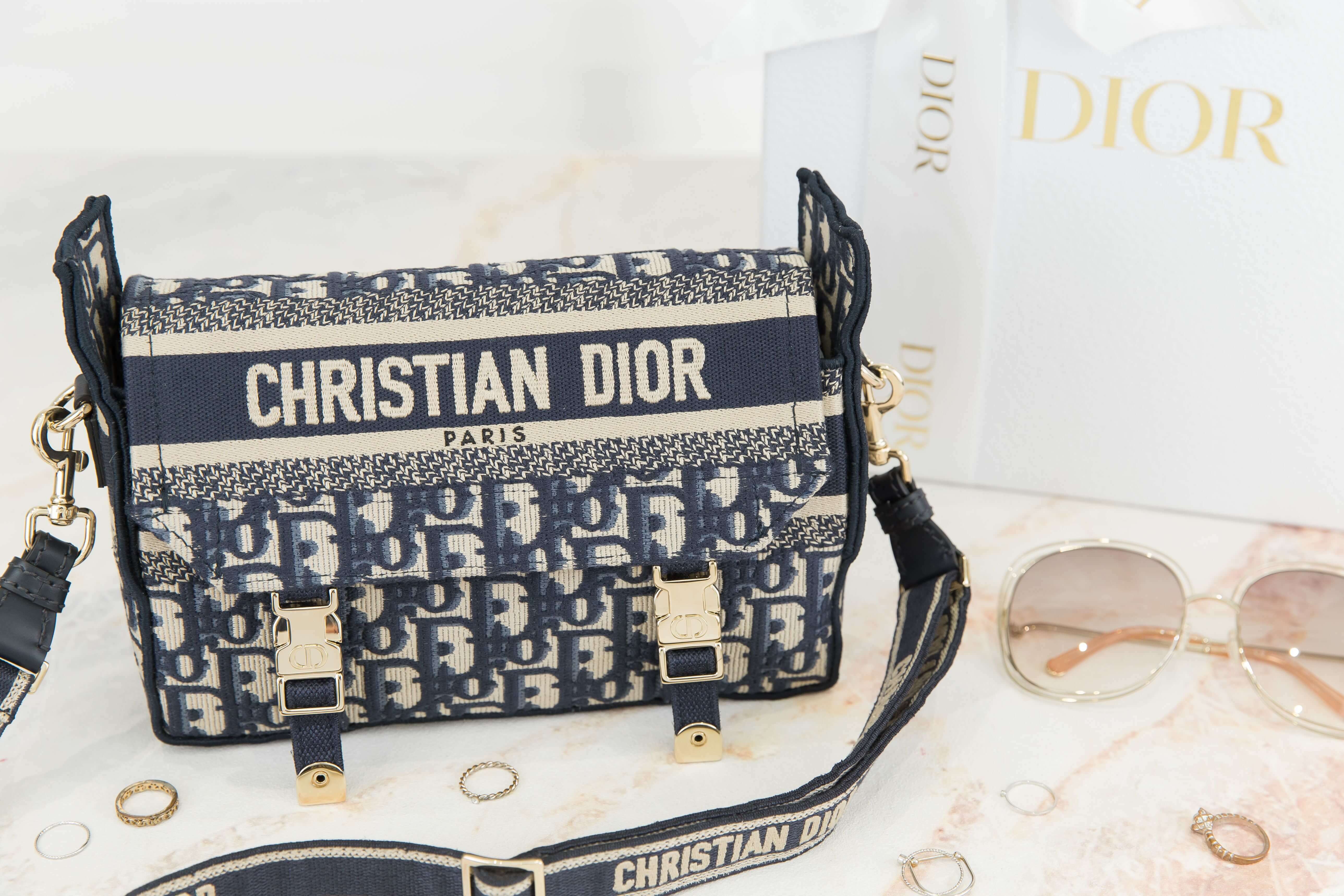 Dior Small Diorcamp Bag 深藍色復古老花帆布金釦刺繡皮革背帶小型肩背包