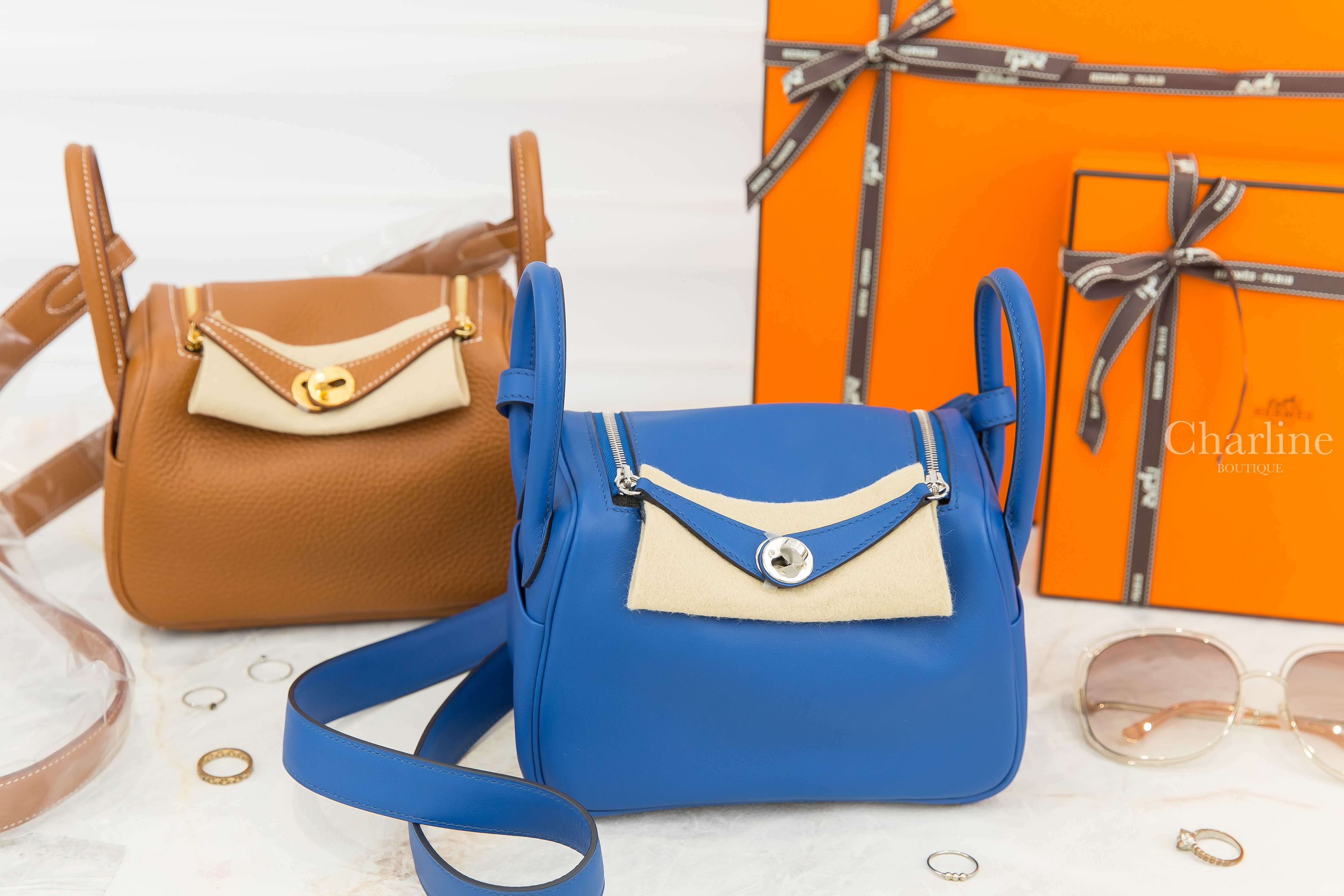 Hermès Lindy Mini 71 Bleu France/73 Bleu Saphir Swift 法國藍拼寶石藍內裡銀釦,Hermès Lindy Mini 37 Gold T/C 焦糖色金釦-Charline Boutique 精品代購