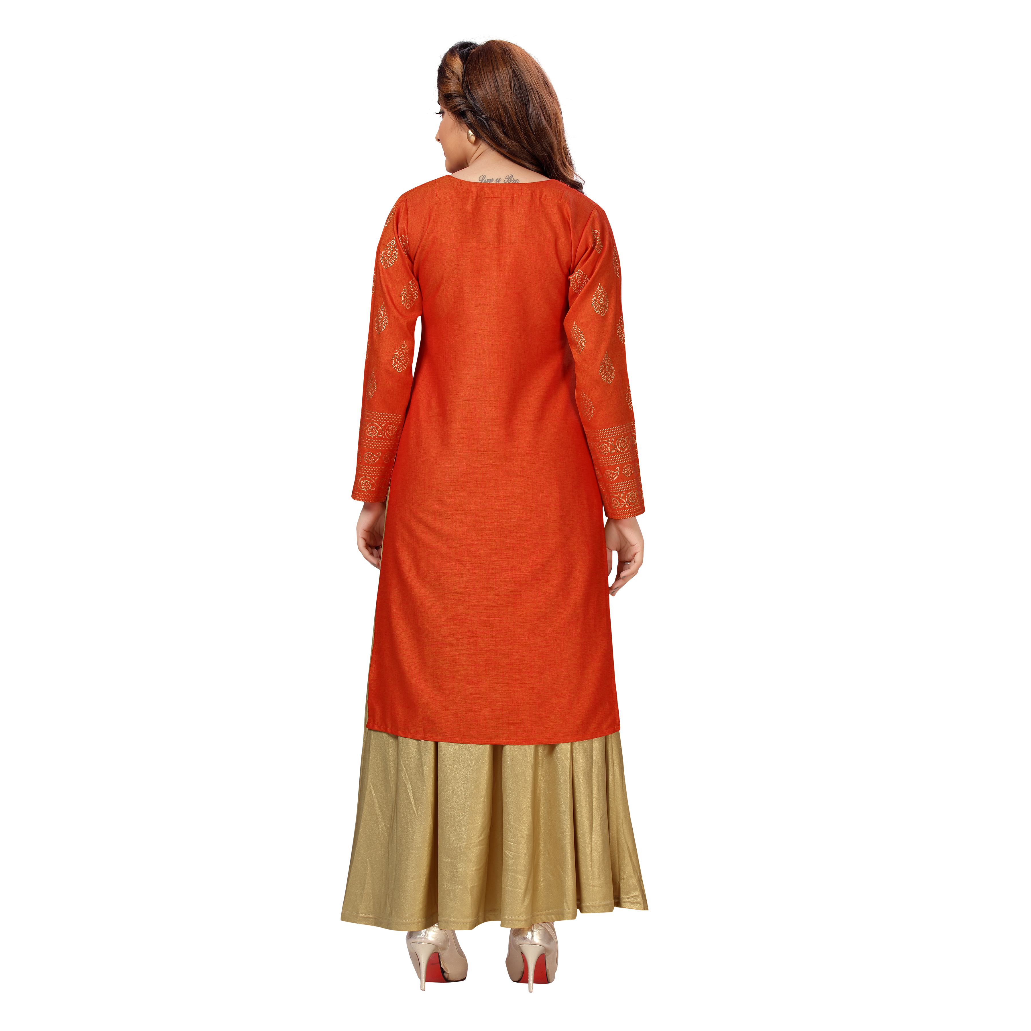 Sonali Women Gold Printed Orange Rayon Long Top / Kurti Only /Plus Size Long Kurti Q1589