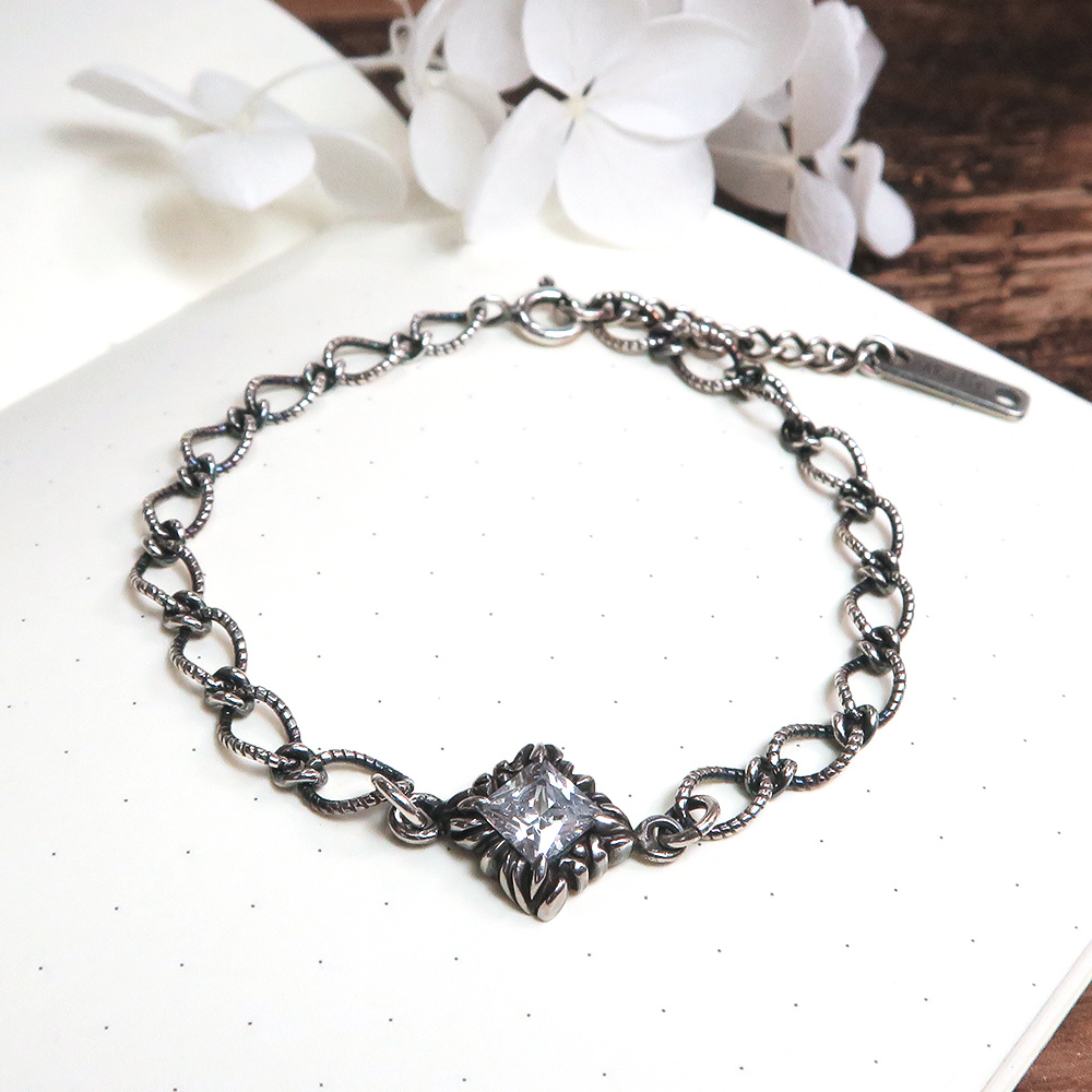 復古菱形麻花手鍊 白方晶 925純銀手鍊