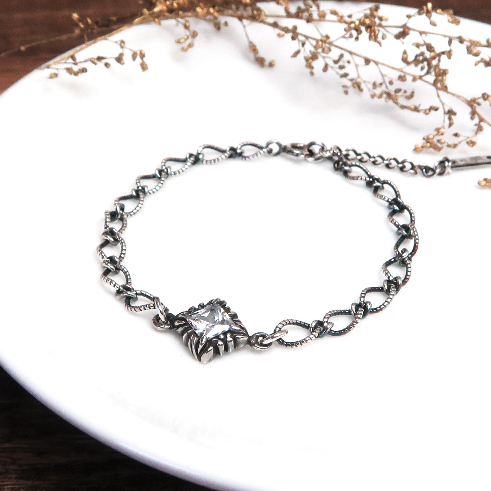 復古菱形麻花手鍊 白方晶 925純銀手鍊