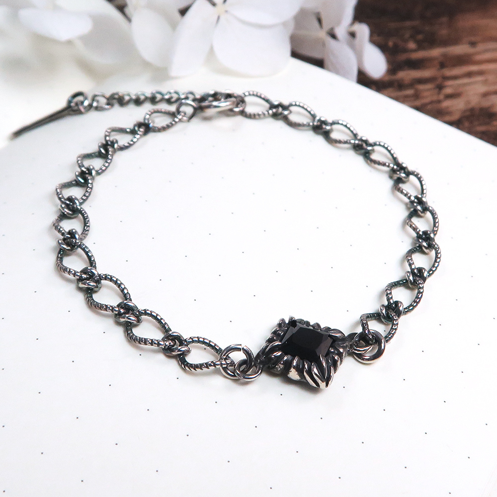 復古菱形麻花手鍊 黑方晶 925純銀手鍊