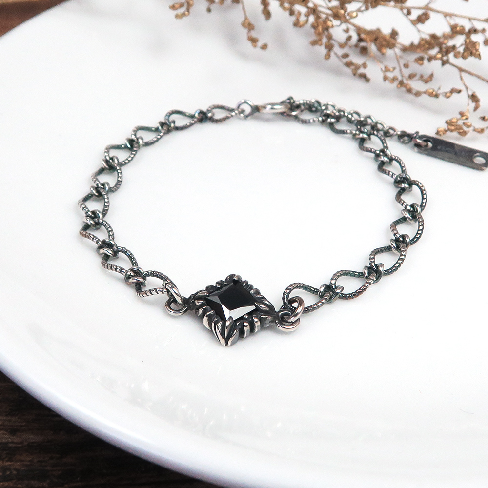 復古菱形麻花手鍊 黑方晶 925純銀手鍊