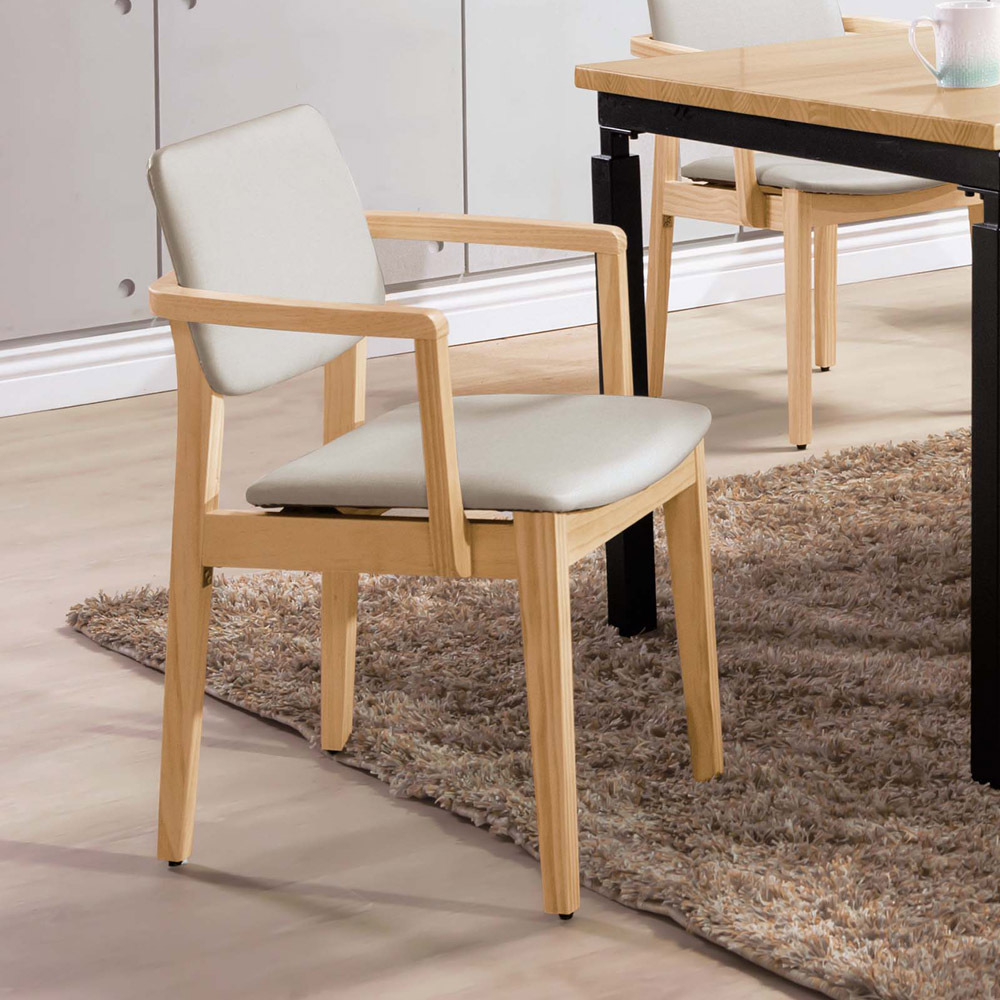 原木雙扶手亞麻皮餐椅(955原木)(白皮)
