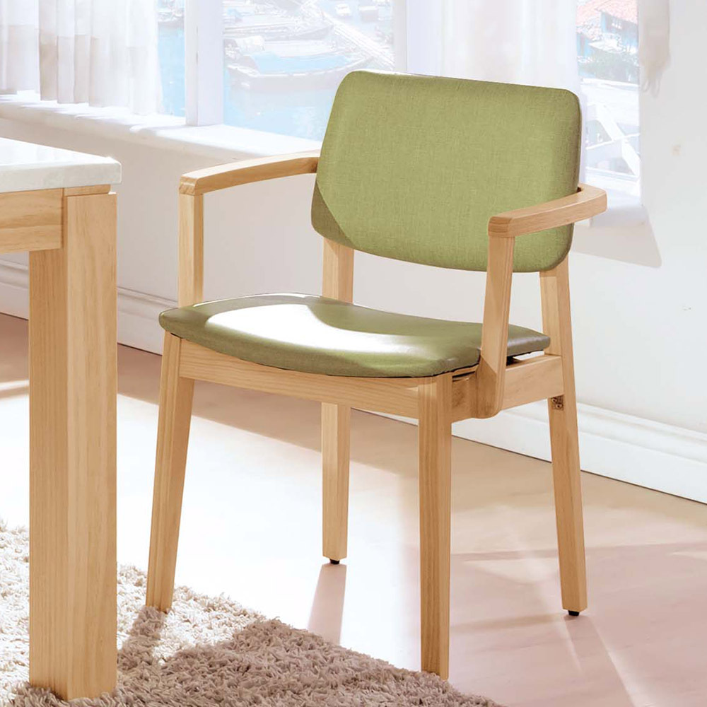 原木雙扶手亞麻皮餐椅(955原木)(綠皮)
