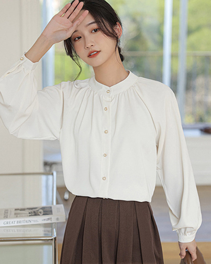 杏M【零碼出清不退換】立領抓褶珍珠排釦襯衫