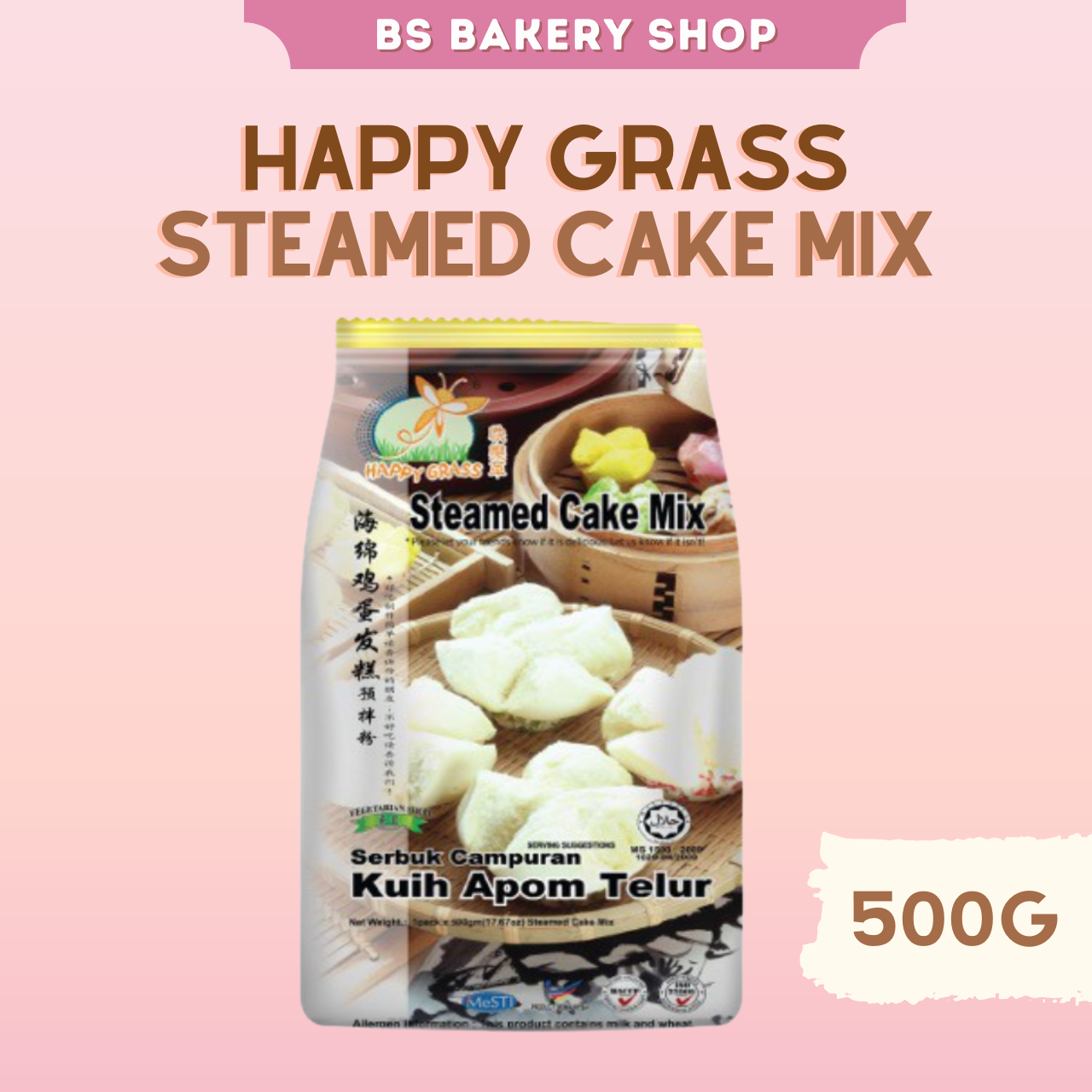 【Happy Grass Steamed Cake Mix Tepung Kuih Apom Telur 500g】  海绵鸡蛋发糕预拌粉