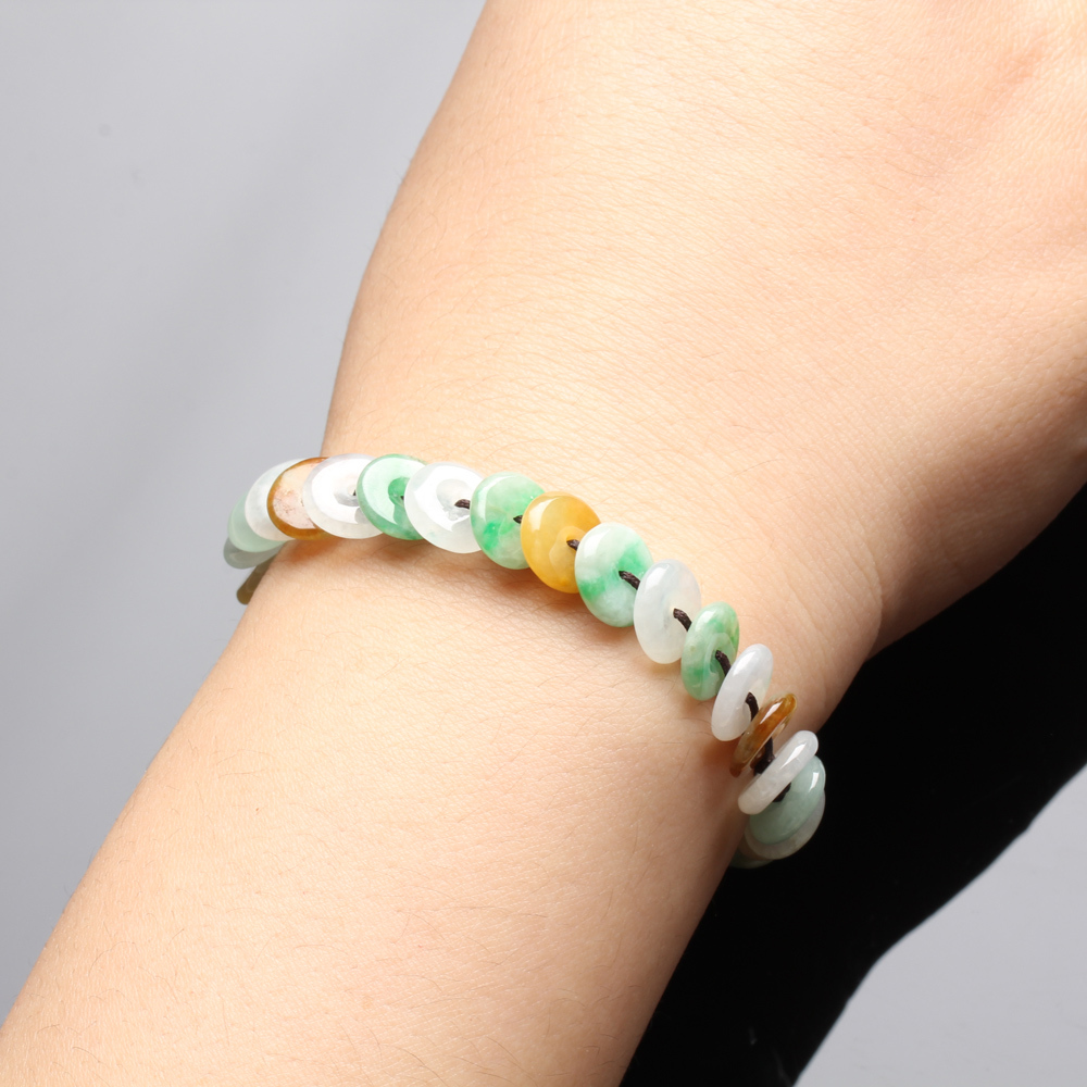 錢疊錢錢越疊越多天然五彩翡翠玉手鏈-雅紅珠寶