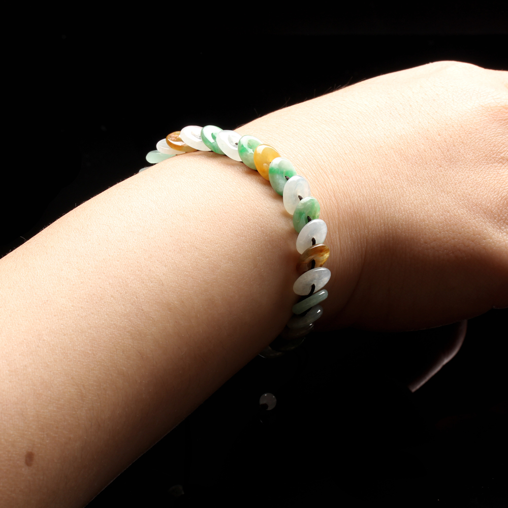 錢疊錢錢越疊越多天然五彩翡翠玉手鏈-雅紅珠寶