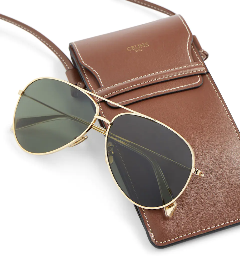 現貨｜CELINE Eyewear Metal Frame 01 Sunglasses with Mineral Glass Lenses Gold/Green with Leather Pouch