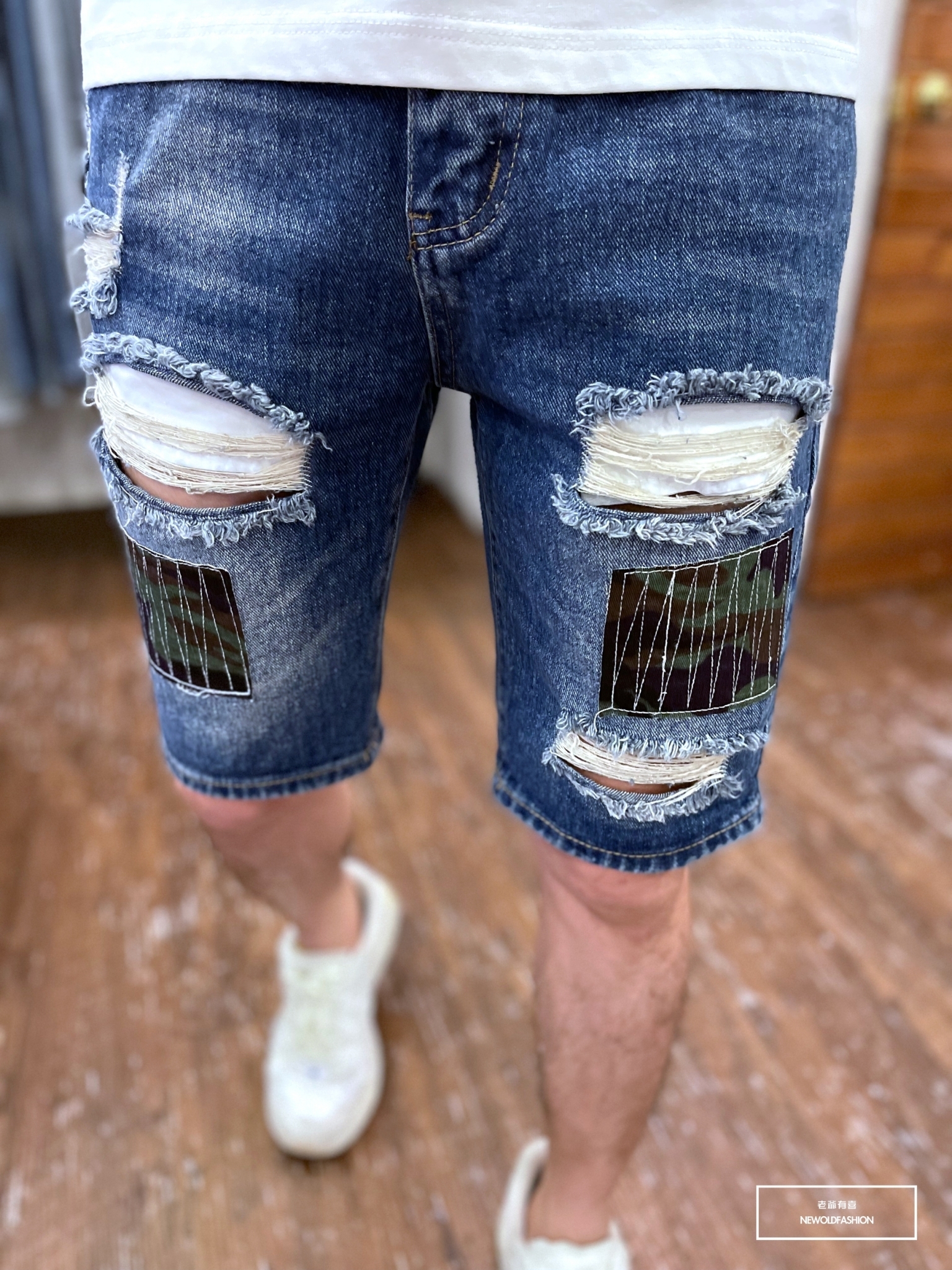 『新品上市』重磅迷彩車線補丁牛仔短褲(NOF22045380)