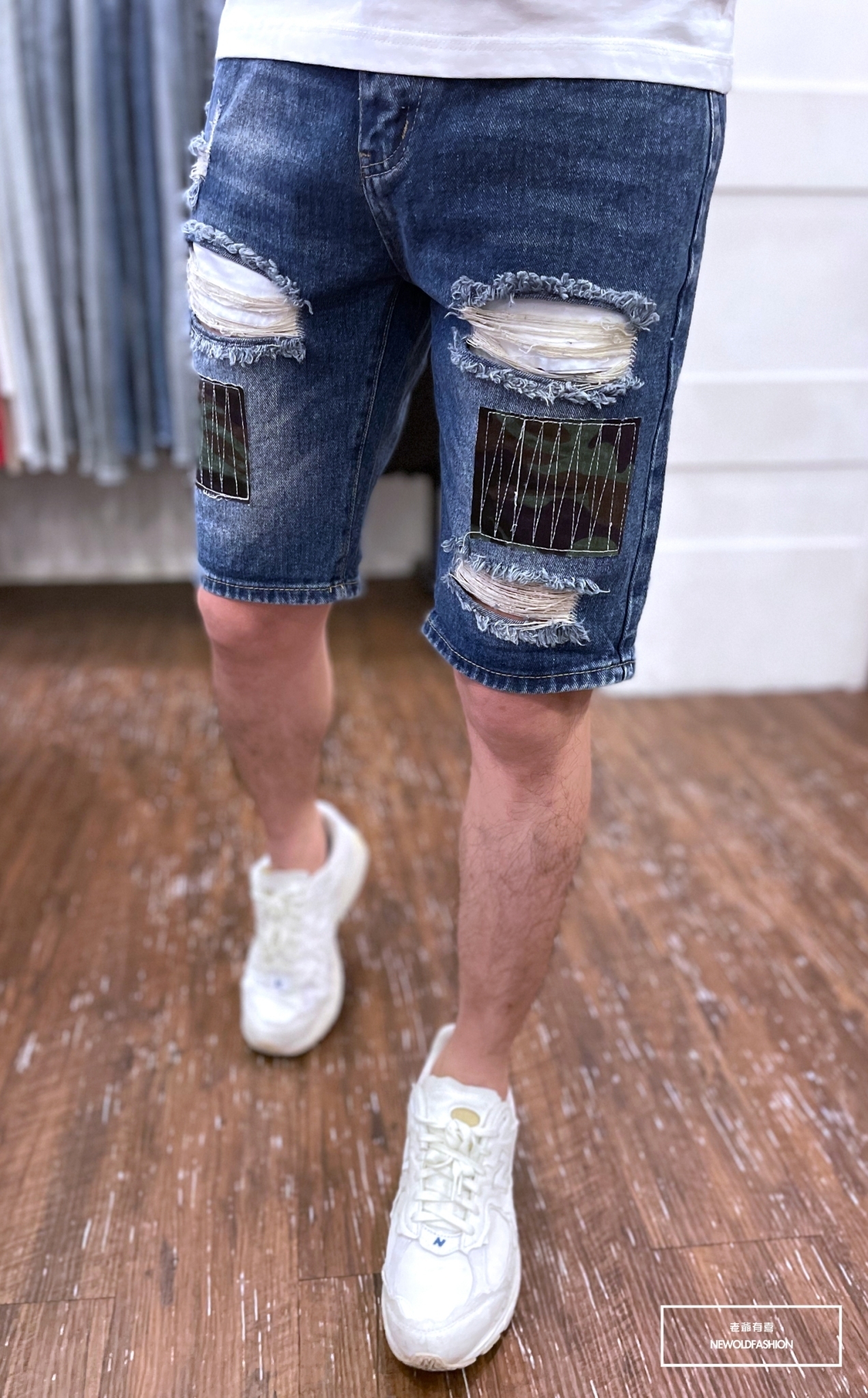 『新品上市』重磅迷彩車線補丁牛仔短褲(NOF22045380)