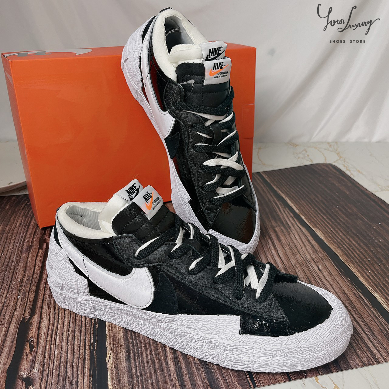 Luxury】Nike Blazer Low x Sacai 聯名黑白奶油白板鞋雙層結構結構鞋