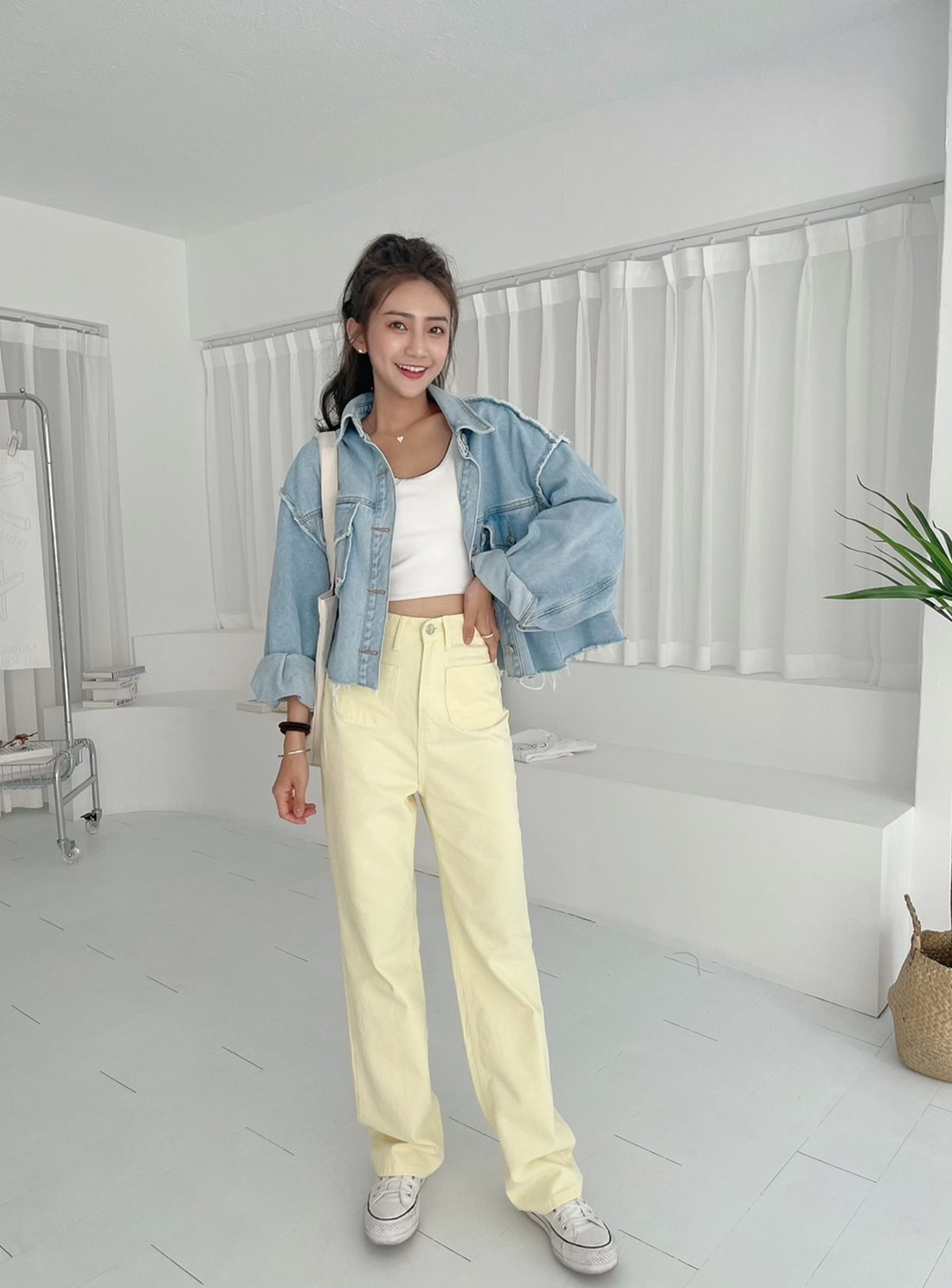 🔥04.20直播新品］💥今年最夯必收］🇰🇷正韓高腰超顯腿長雙口袋薄款寬褲（淡黃/S-L）