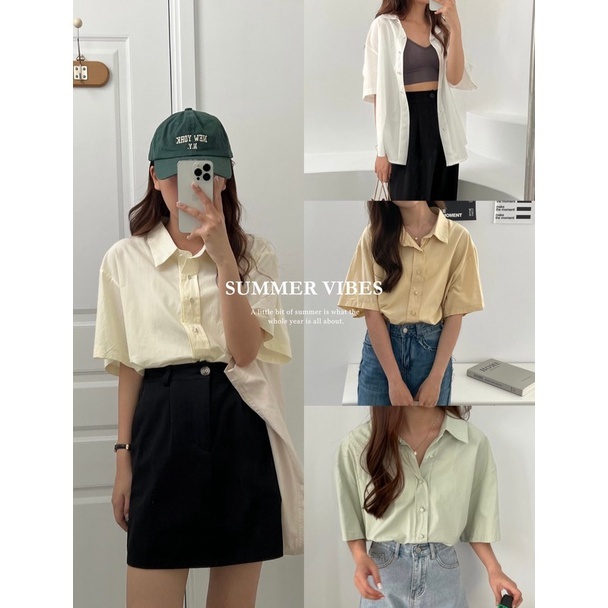 【imfine】韓版奶油色系 布釦短袖襯衫 #2610