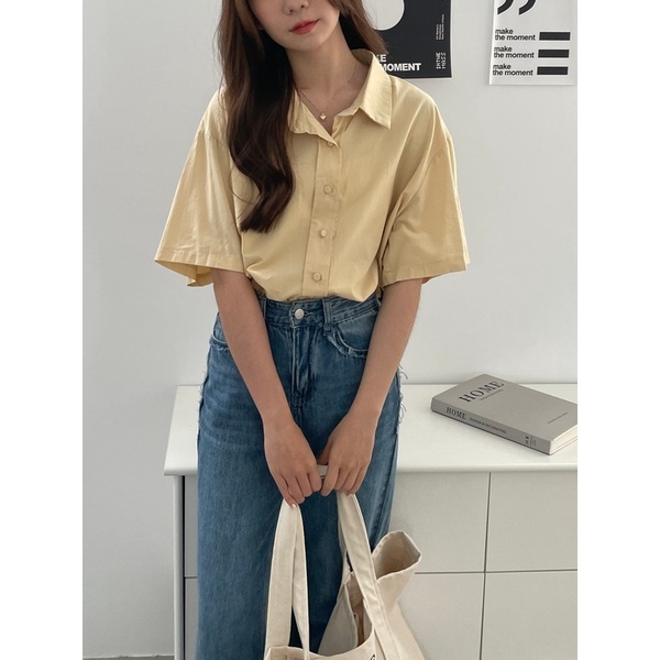 【imfine】韓版奶油色系 布釦短袖襯衫 #2610