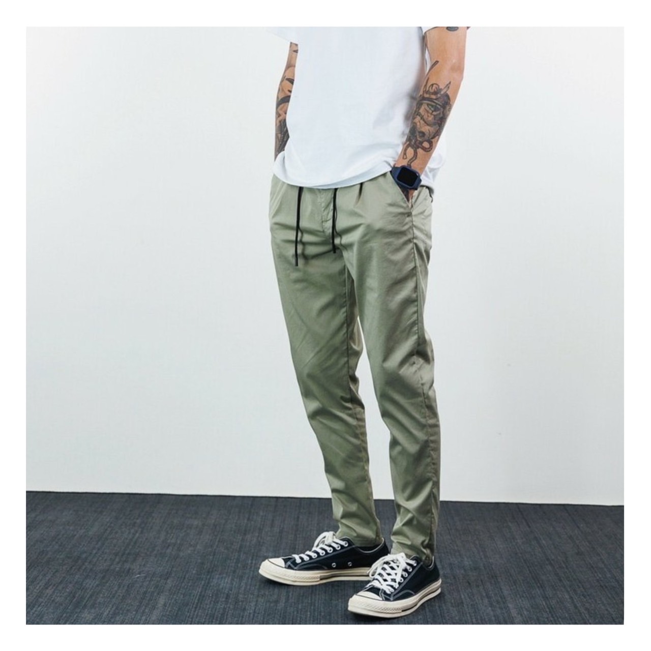 自訂款 彈力拉繩修身四口袋長褲-3色 (L666)