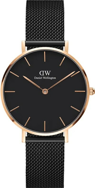 萬年鐘錶 - DW - Daniel Wellington  PETITE ASHFIELD系列 錶徑 : 32mm  黑面玫瑰金框黑色米蘭錶帶女錶 DW00100201