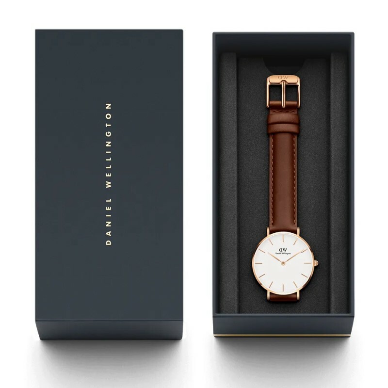 萬年鐘錶 - DW - Daniel Wellington  PETITE ST MAWES系列 錶徑 : 32mm  白面玫瑰金框經典皮革女錶  DW00100175