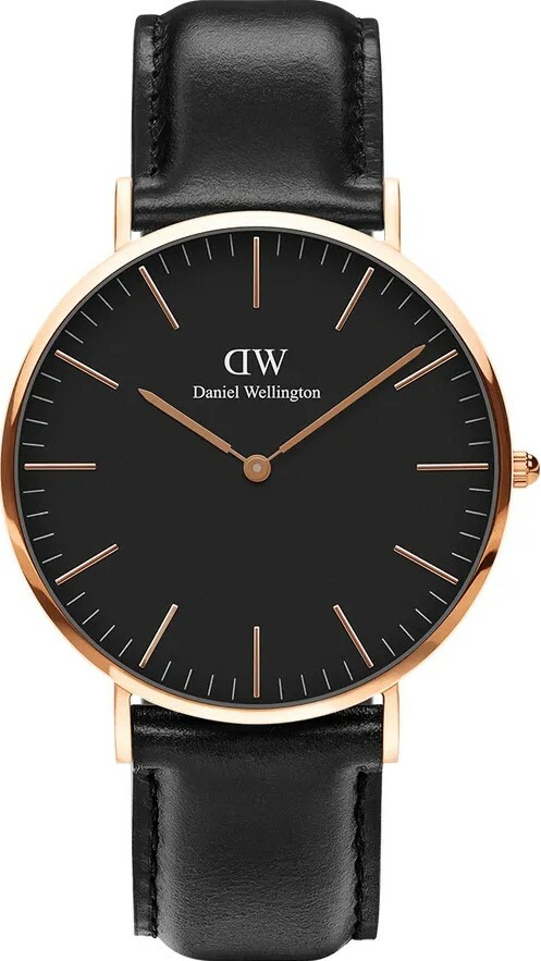 萬年鐘錶 - DW - Daniel Wellington  CLASSIC SHEFFIELD系列  錶徑 : 40mm 黑面玫瑰金框黑色皮革男錶  DW00100127