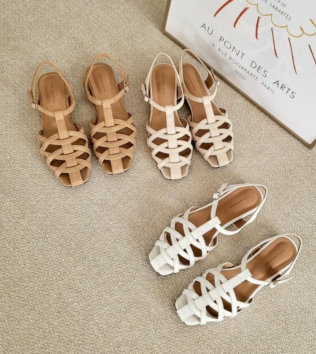 SH0419GR 真皮交叉款平底涼鞋