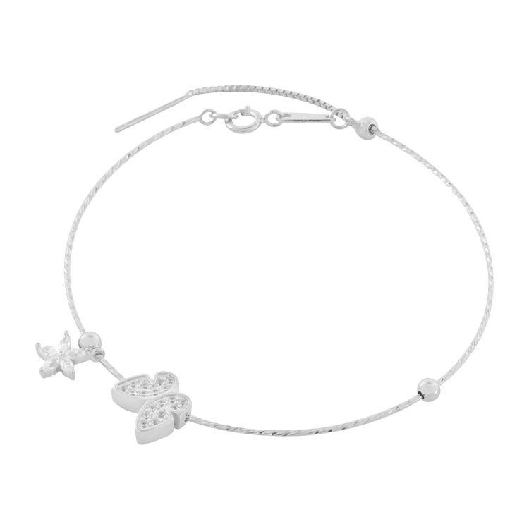 純銀手鍊，女士手鍊 花與蝴蝶鑲鋯；戀戀情深不分離（2625銀色）
