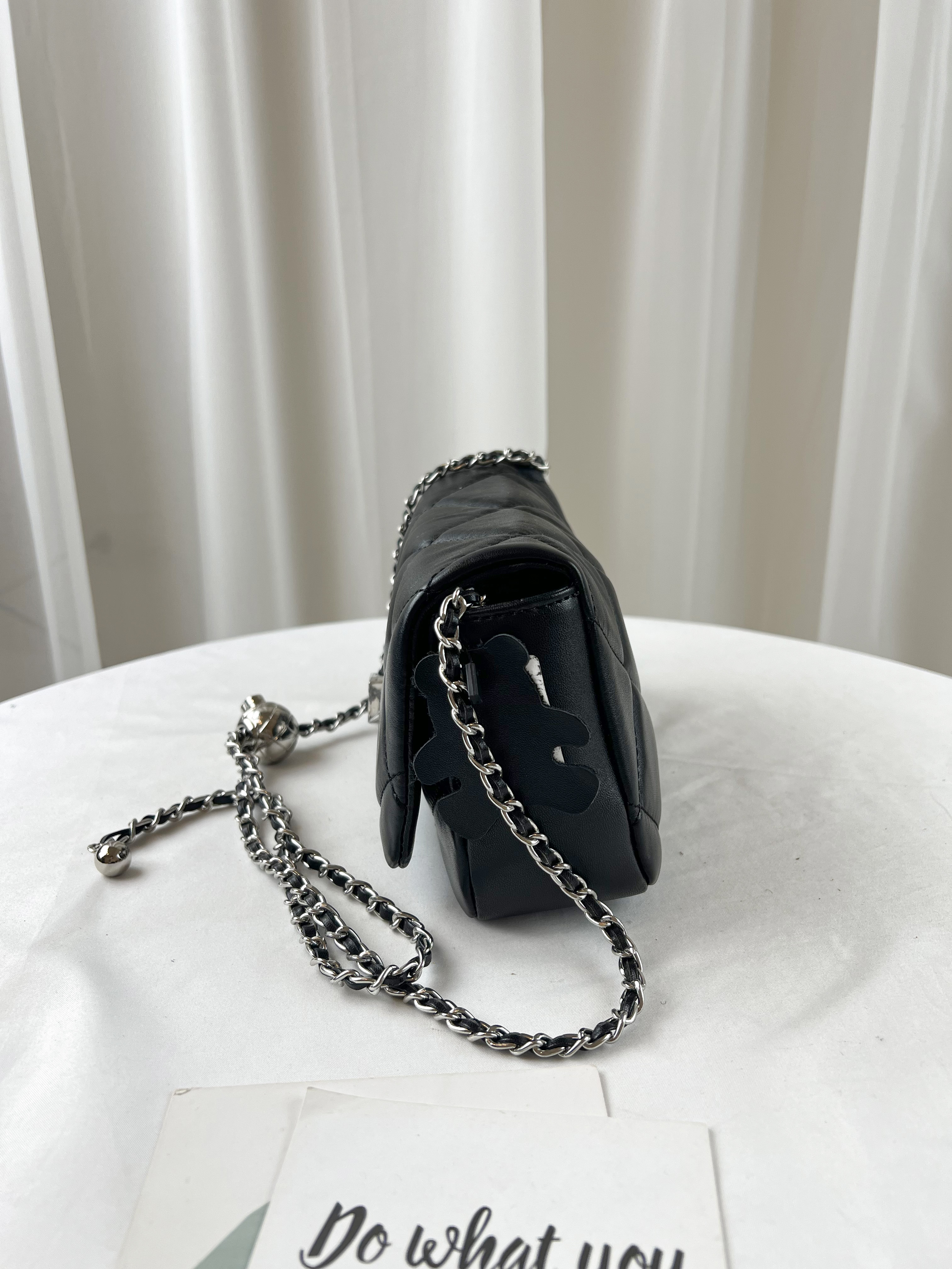 經典黑 菱格銀扣真皮牛皮鏈帶肩背包 / 側背包  #SM-89-6251