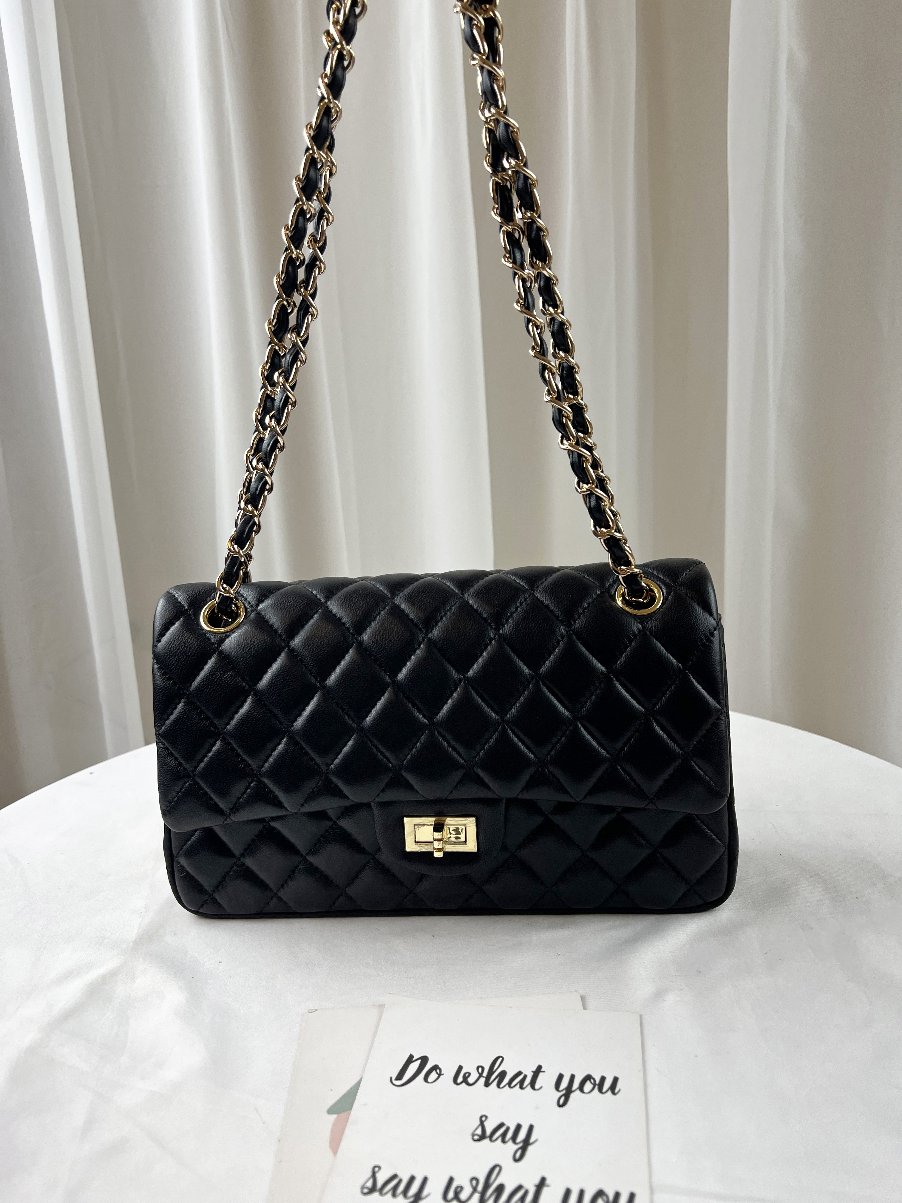 經典黑 菱格紋金扣真皮牛皮鏈帶肩背包 / 側背包  #SM-112