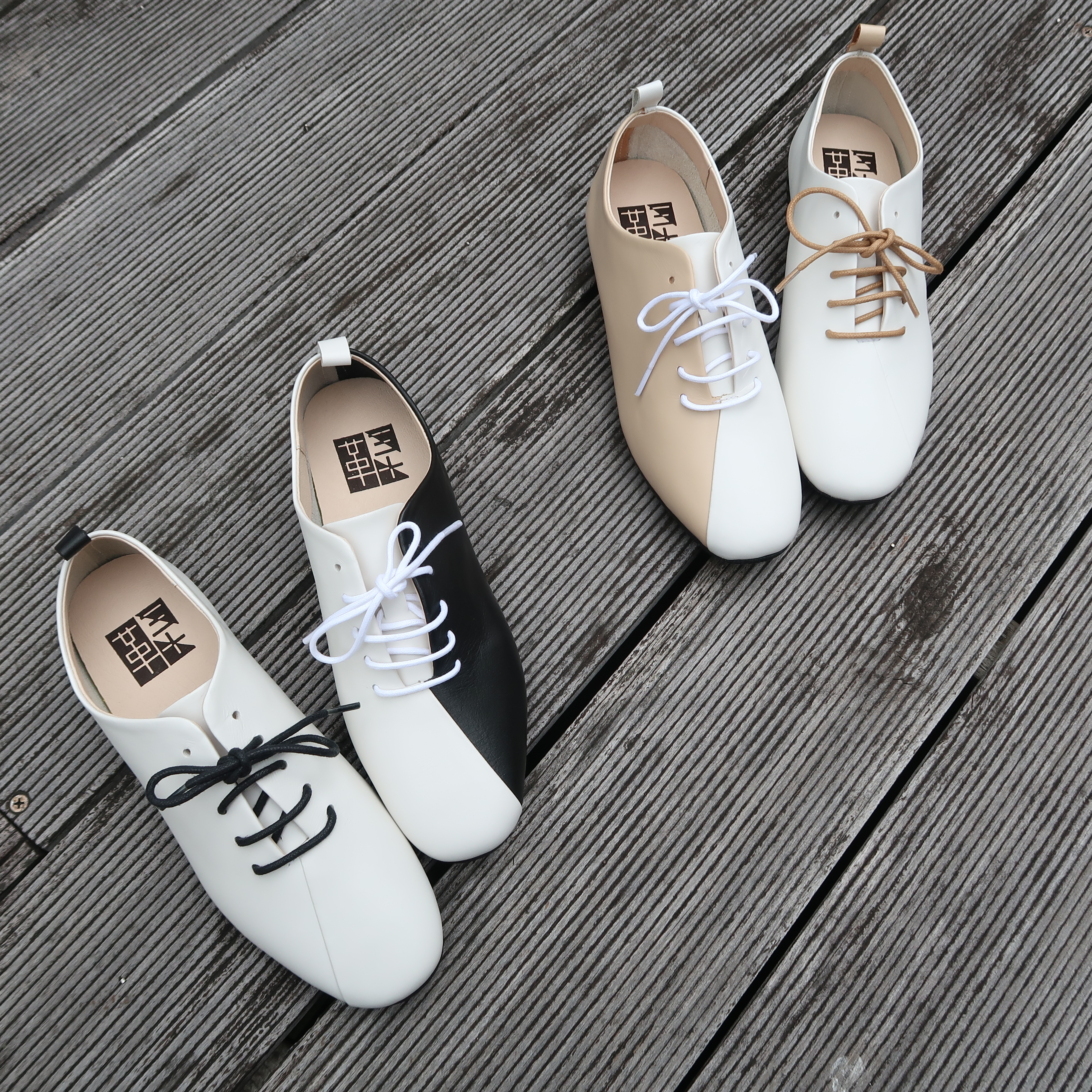 【輕履協奏曲】防潑水牛皮輕量撞色小方楦平底綁帶牛津休閒鞋