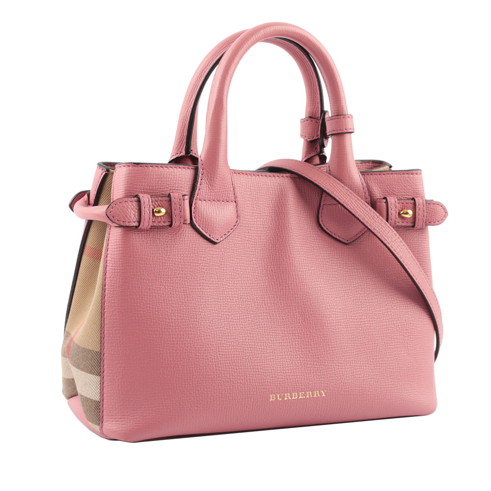 【BURBERRY】THE BANNER HOUSE 格紋皮革小型包(桃粉色)