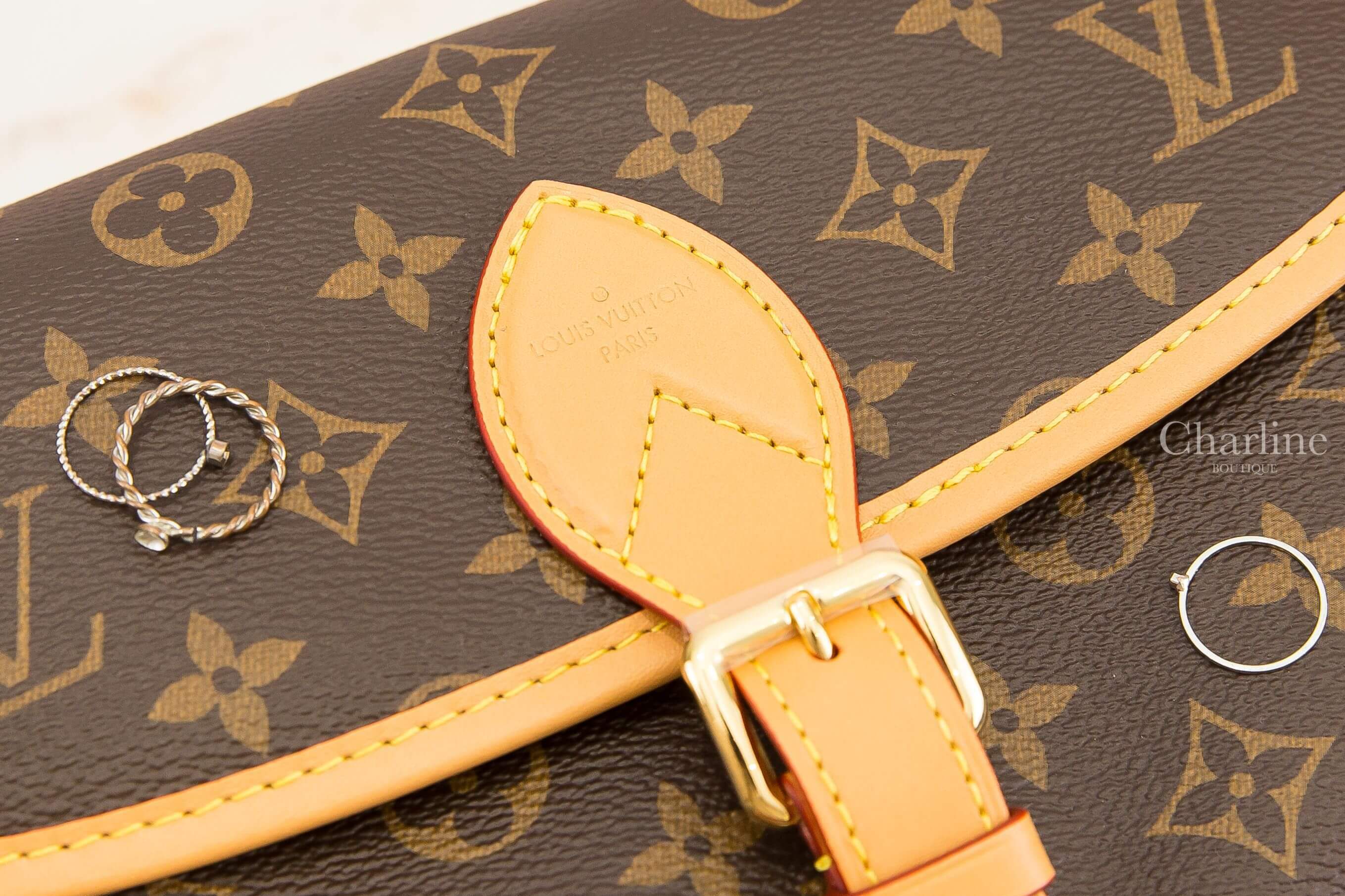Louis Vuitton Diane 咖啡色老花帆布紫紅色刺繡白滾邊寬背帶小牛皮提把手提肩背包