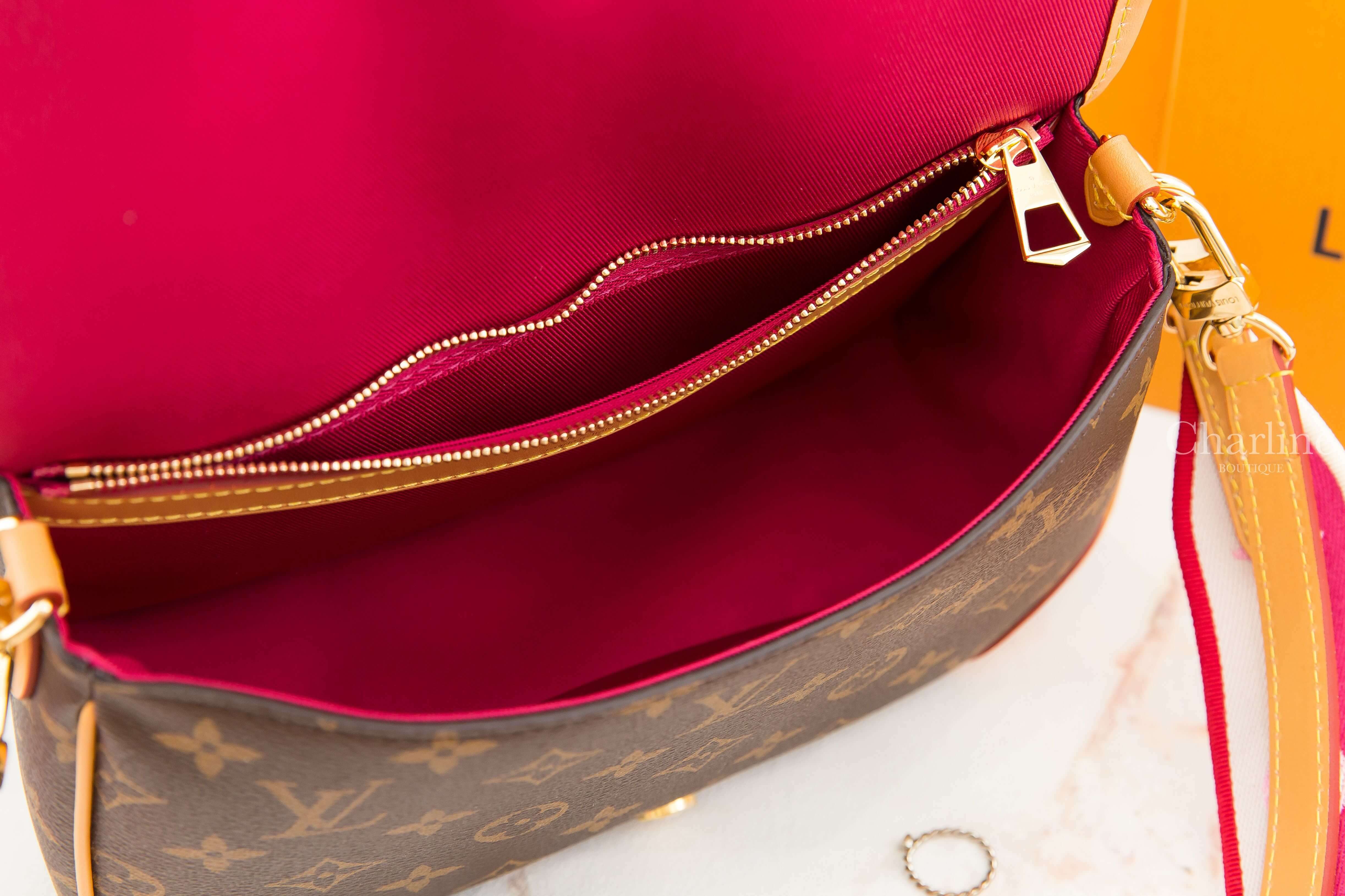 Louis Vuitton Diane 咖啡色老花帆布紫紅色刺繡白滾邊寬背帶小牛皮提把手提肩背包-Charline Boutique 精品代購
