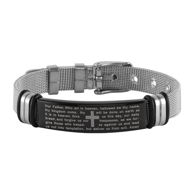 白鋼手鍊，男士手鍊 聖經主禱文方牌；經典米蘭錶帶造型（2583）