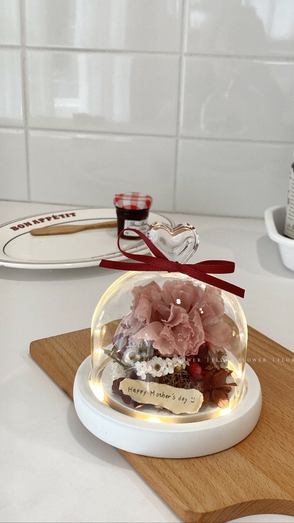 永生康乃馨愛心玻璃罩夜燈