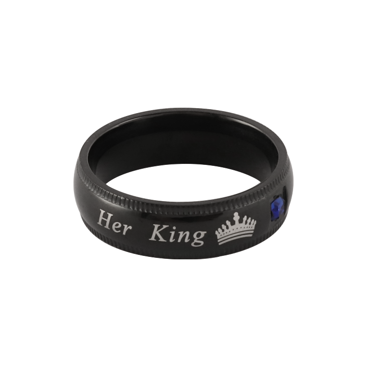 白鋼戒指，情侶對戒 鋸齒邊亮黑鑲鋯；Her King 她的國王（2566男款）