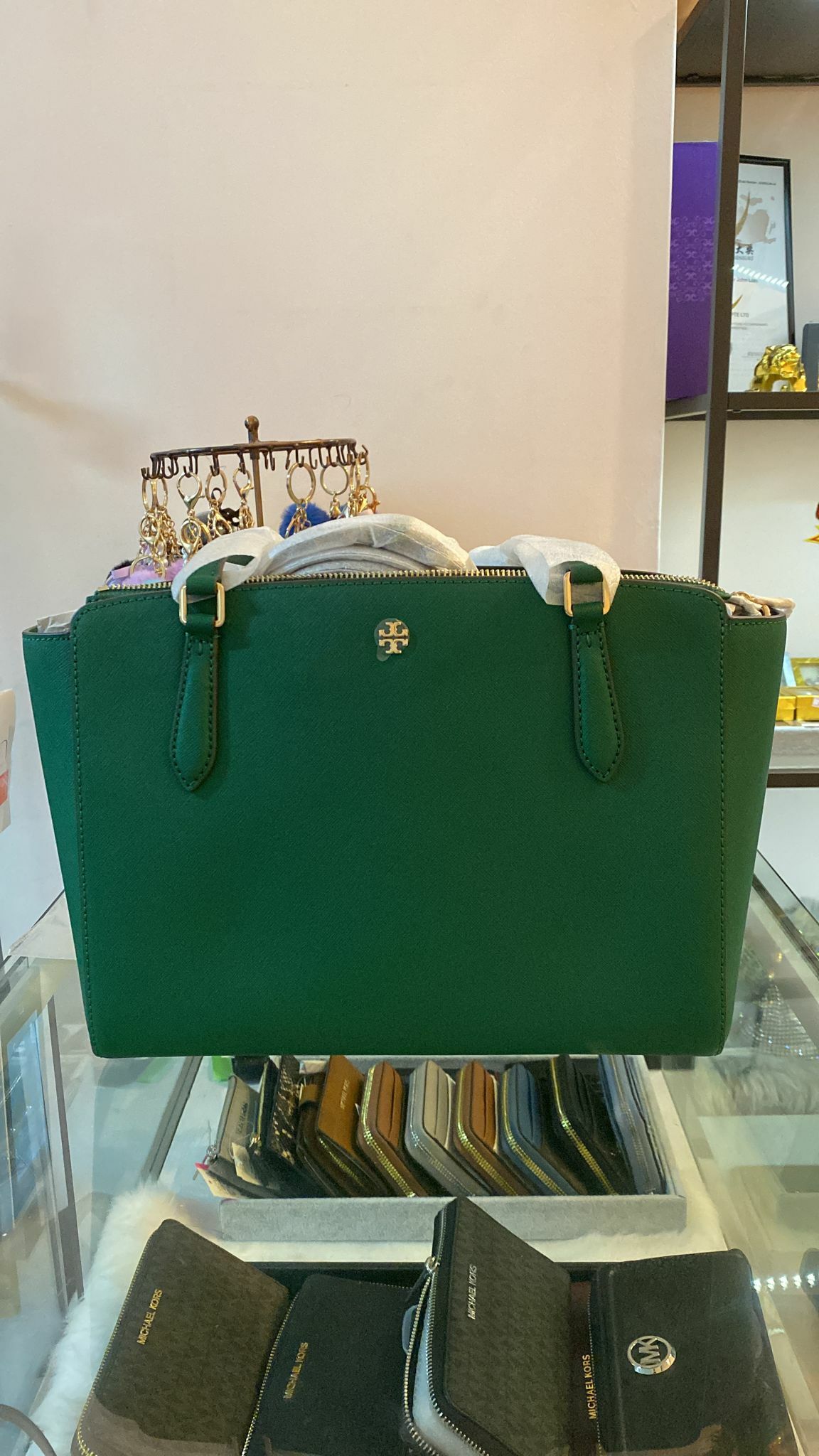 [S] TORY BURCH EMERSON SMALL TOP ZIP TOTE BAG, EMERALD STONE , 64188-314 (STB66)